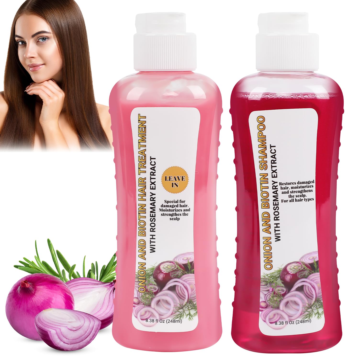 Onion, Biotin and Rosemary Shampoo and Treatment Set - Silicone Free, for Hair Loss, Thinning and All Hair Types