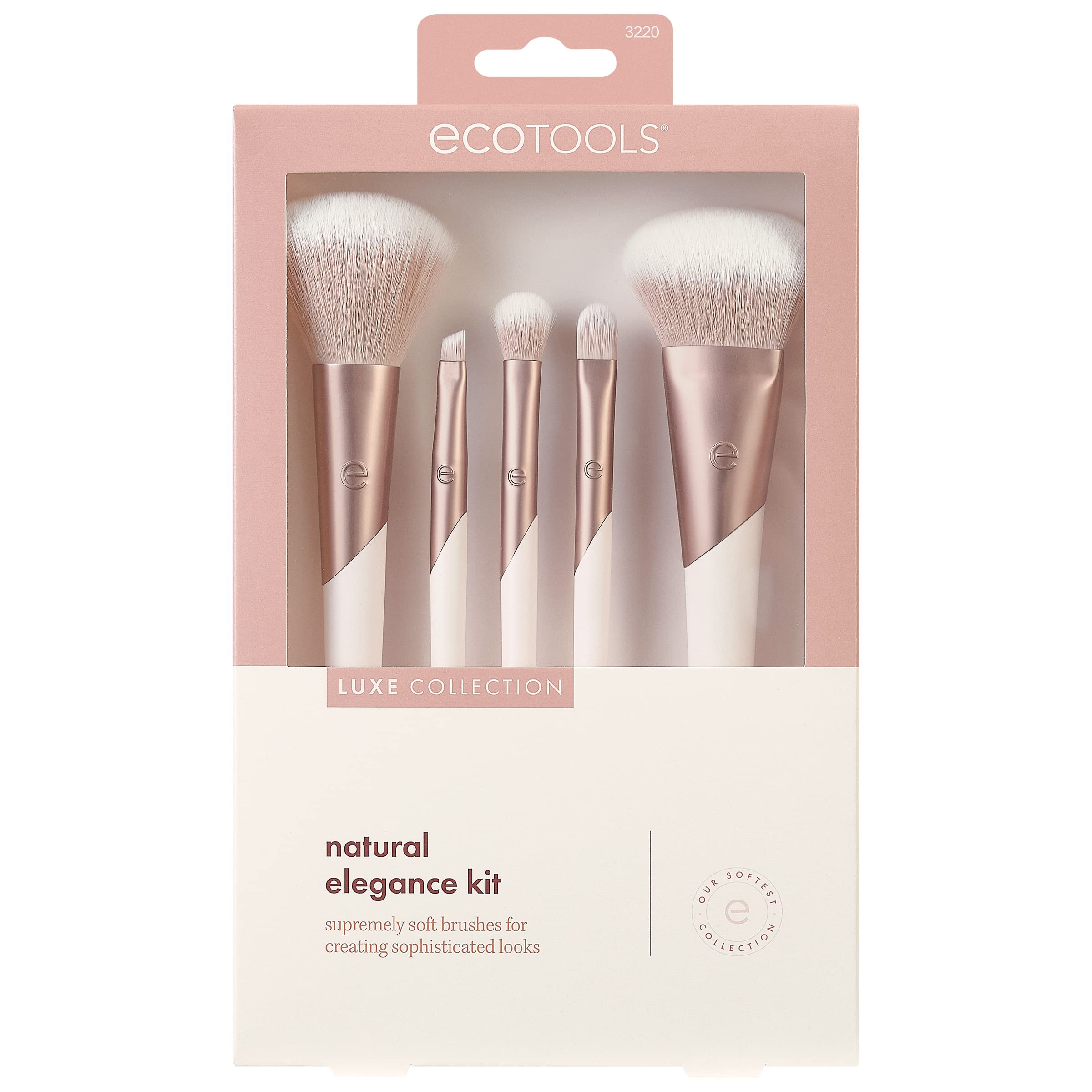EcoTools Luxe Natural Elegance Professional Face Makeup & Foundation Brush Set, For Face, Cheek, and Eye Makeup, Ecofriendly Makeup Brushes, Pink, Luxurious and Glamorous, 5 Piece Set