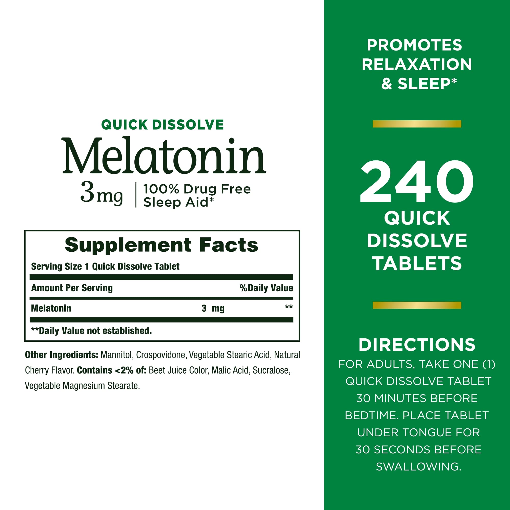 Nature’s Bounty Melatonin 3mg, 100% Drug Free Sleep Aids for Adults, Supports Relaxation and Sleep, Dietary Supplement, 240 Count (Cherry Flavour - Packaging May Vary)