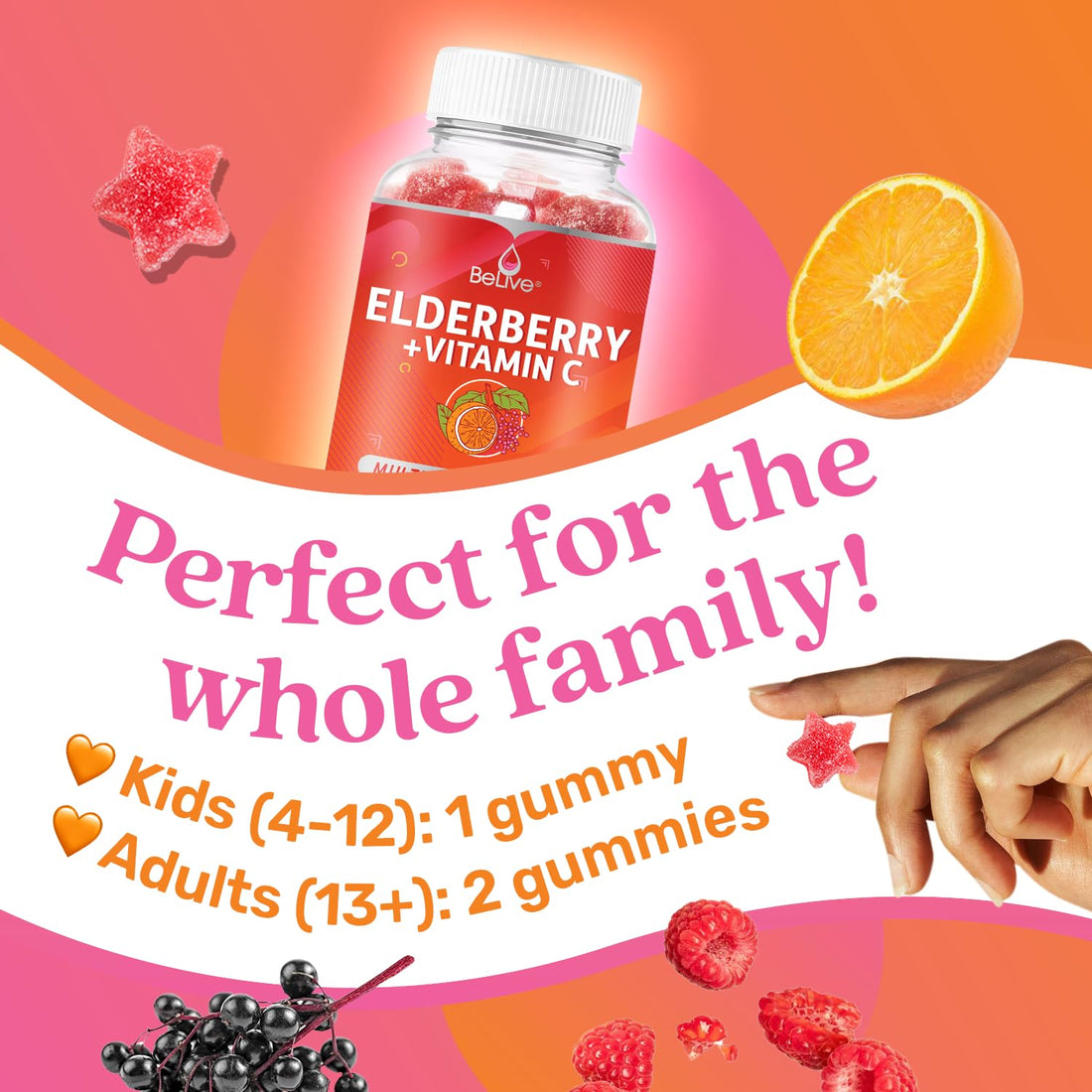 BeLive Elderberry Gummies with Zinc and Vitamin C, D, A, E, B12-50 Ct I Immune Support Supplement for Healthy Bones & Teeth, Vegan, Keto & Non-GMO - Raspberry Flavor