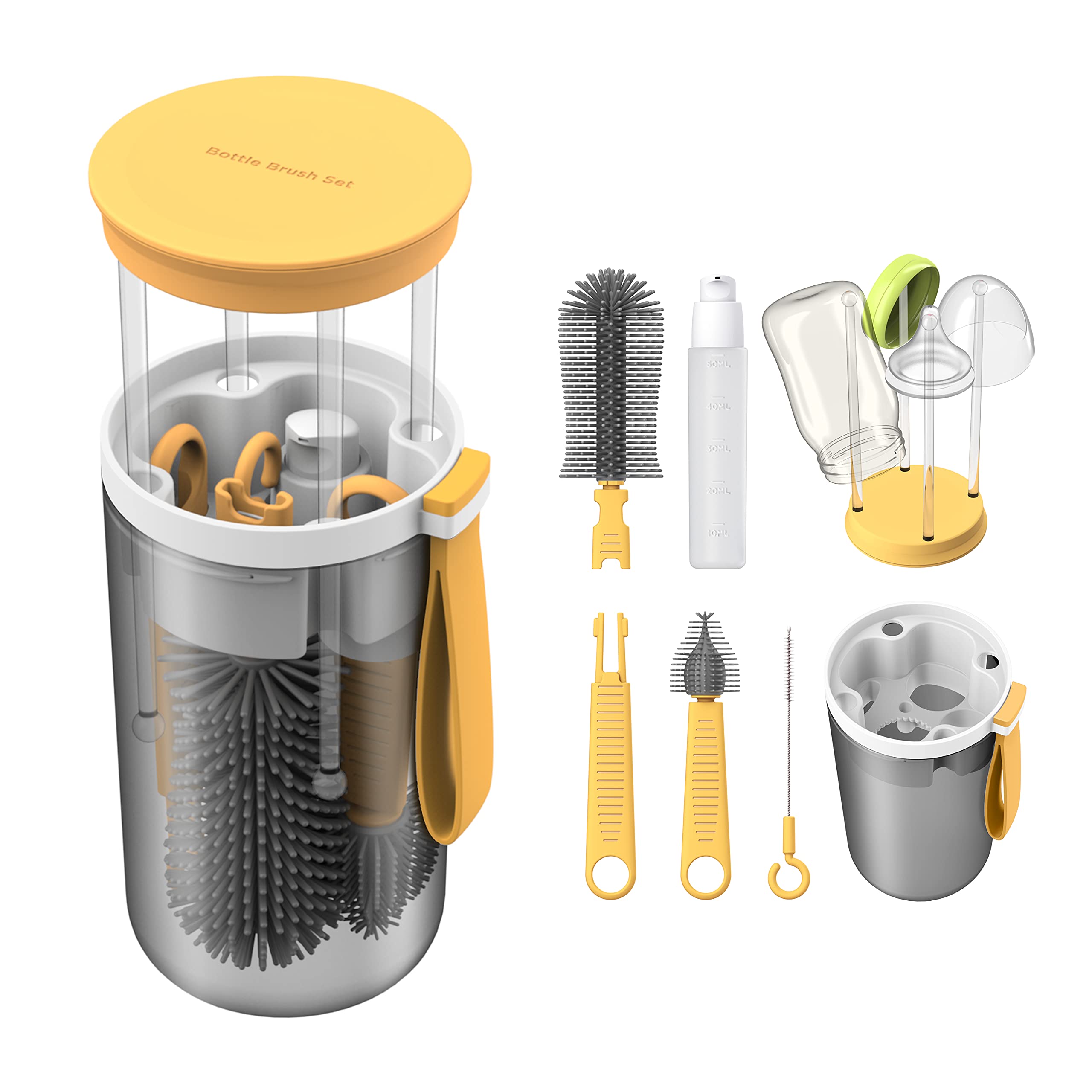 TechoEcho Travel Baby Bottle Brush Set with Extendable Liquid Silicone Bottle Brush,Nipple Brush,Built-in Bottle Drying Rack,Straw Cleaner Brush,Baby Bottle Soap Dispenser,Bottle Warmer (Yellow)