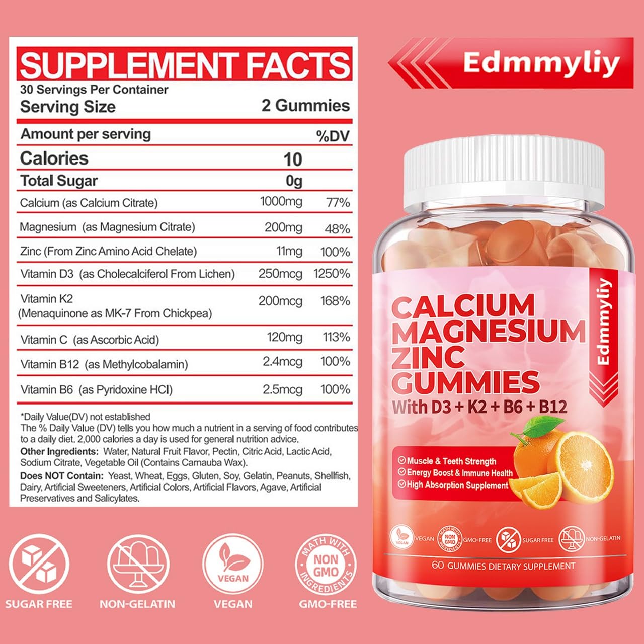 Sugar Free Calcium Magnesium Zinc Supplement Gummies with Vitamin D3 & B12 for Women and Men High Absorption Calcium Magnesium Supplement for Bone & Teeth Strength, Muscle & Immune (120 Counts)