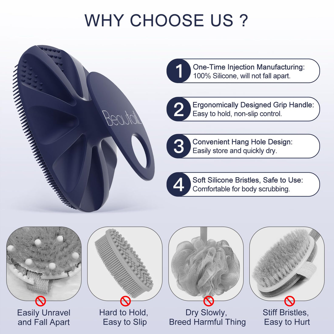 BEAUTAIL Silicone Body Scrubber Shower Bath Wash Brush Gentle Exfoliating Scrub Cleansing Loofah for Women Men Baby Sensitive Skin, Easy to Clean, Lather Nicely, More Hygienic, 1 Pack, Blue