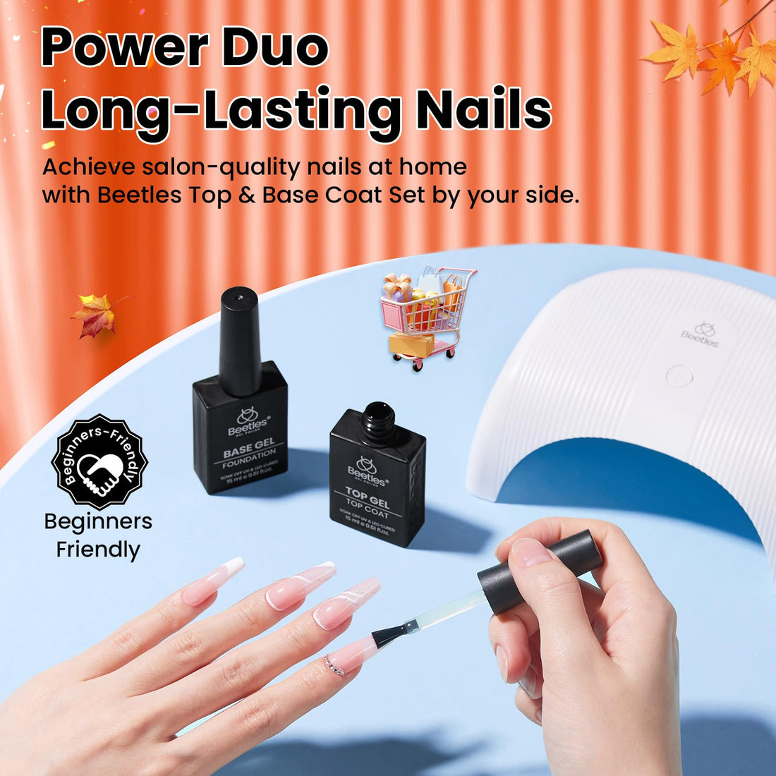 Beetles No Wipe Gel Top Coat and Base Coat Set for Gel Polish - 2Pcs 15ml Super Shiny and Long Lasting for Soak Off LED Nail Lamp Halloween Nail Art Design