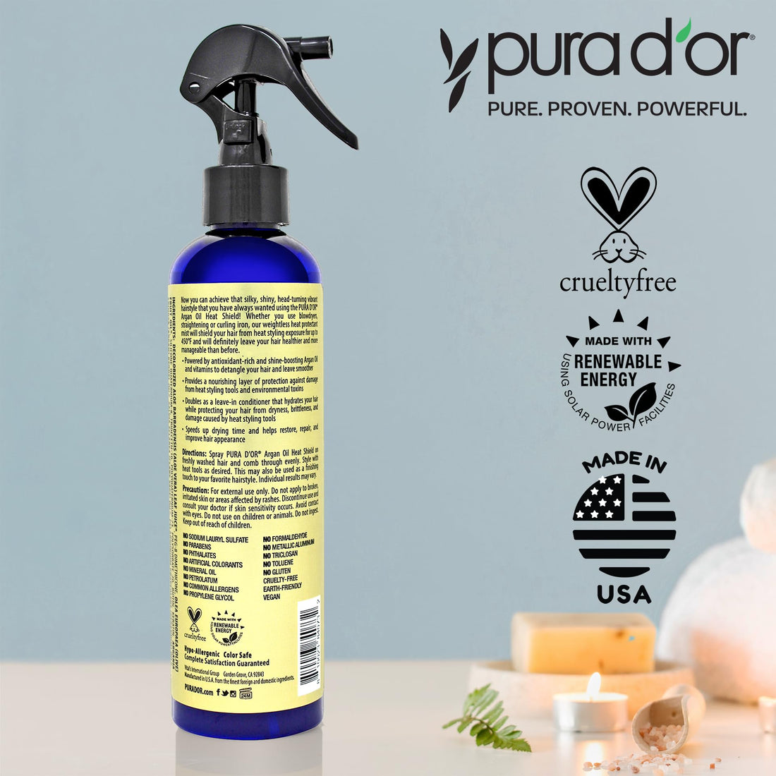 PURA D’OR Argan Oil Heat Shield Protectant Spray (8oz / 237mL) Infused w/ Organic Argan Oil: Protect up to 450º F from Flat Iron & Hot Blow Dry. Leave-In Conditioner: Define & Shine Dry & Damaged Hair