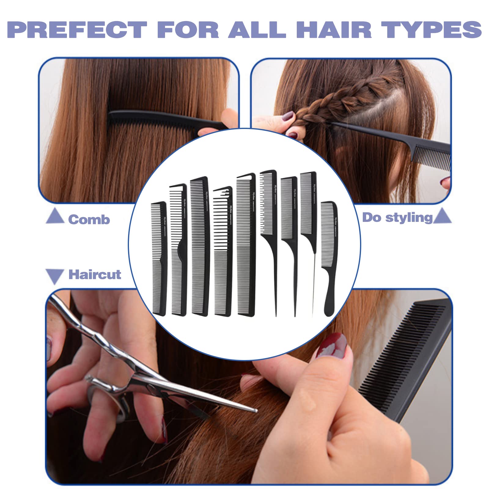 Mythus 9 Piece Black Hairdressing Carbon Comb Kit For Haircut Anti Static