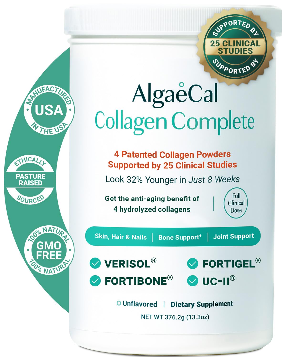 ALGAECAL Hydrolyzed Collagen Complete - Anti-Aging Collagen Powder with Clinically-Supported VERISOL®, FORTIGEL®, UC-II®, and FORTIBONE®, Multi Peptides Blend, 30 Servings