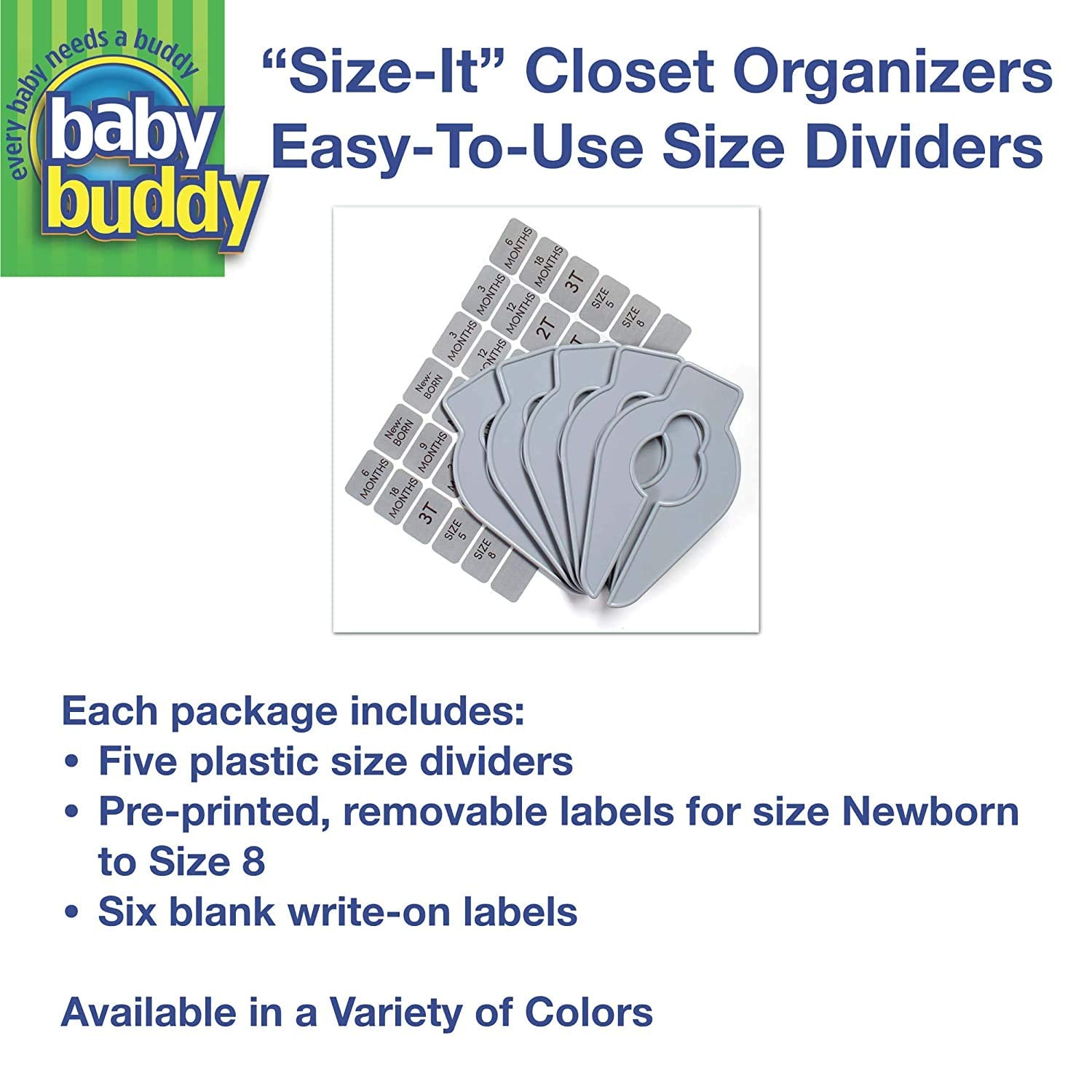 Baby Buddy Closet Organizers, Newborn Essential and Nursery Must Have to Easily Divide Baby Clothes from Newborn to Size 8, White, Set of 5