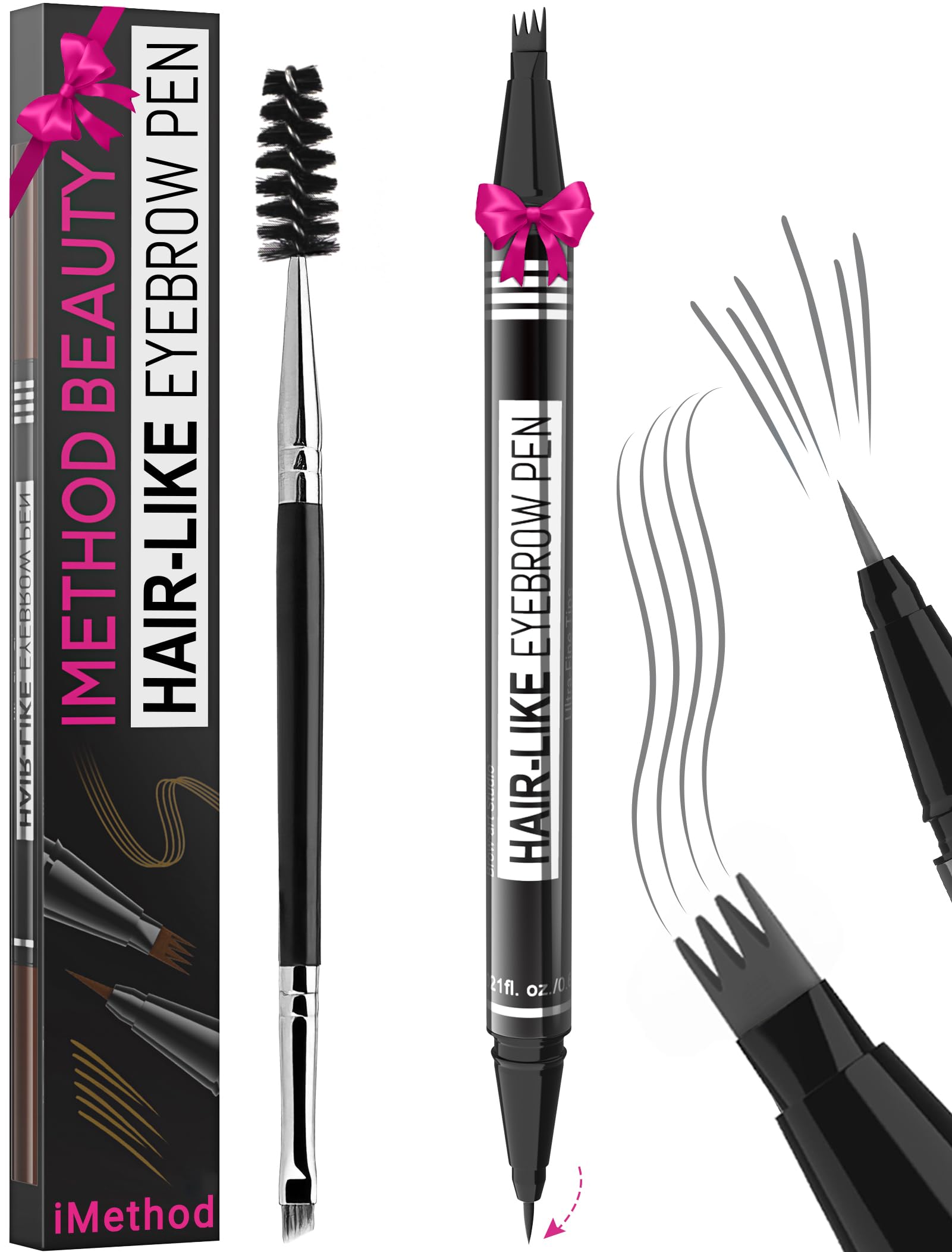 iMethod Eyebrow Pen - Eyebrow Pencil Magical 2-in-1 Eye Brow Pencils for Women with 4-Fork-Tip & Precise Brush-Tip for Natural Hair-Like Brows, Last All-Day, with Eyebrow Spoolie Brush, Grey