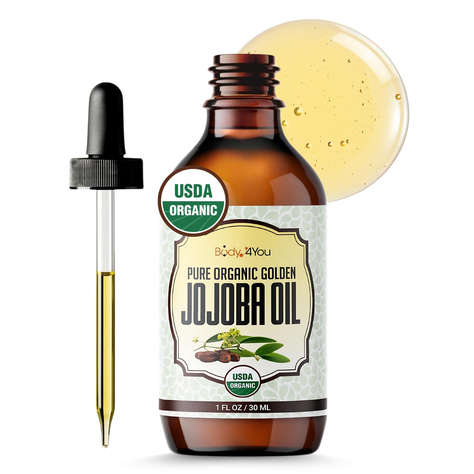 BodyJ4You Organic Jojoba Oil - USDA Organic 100% Pure Natural - Hair Face Skin Gua Sha Dermaplaning Massage - Cold Pressed Hexane Free - Base Carrier Oil - 1 Fl Oz