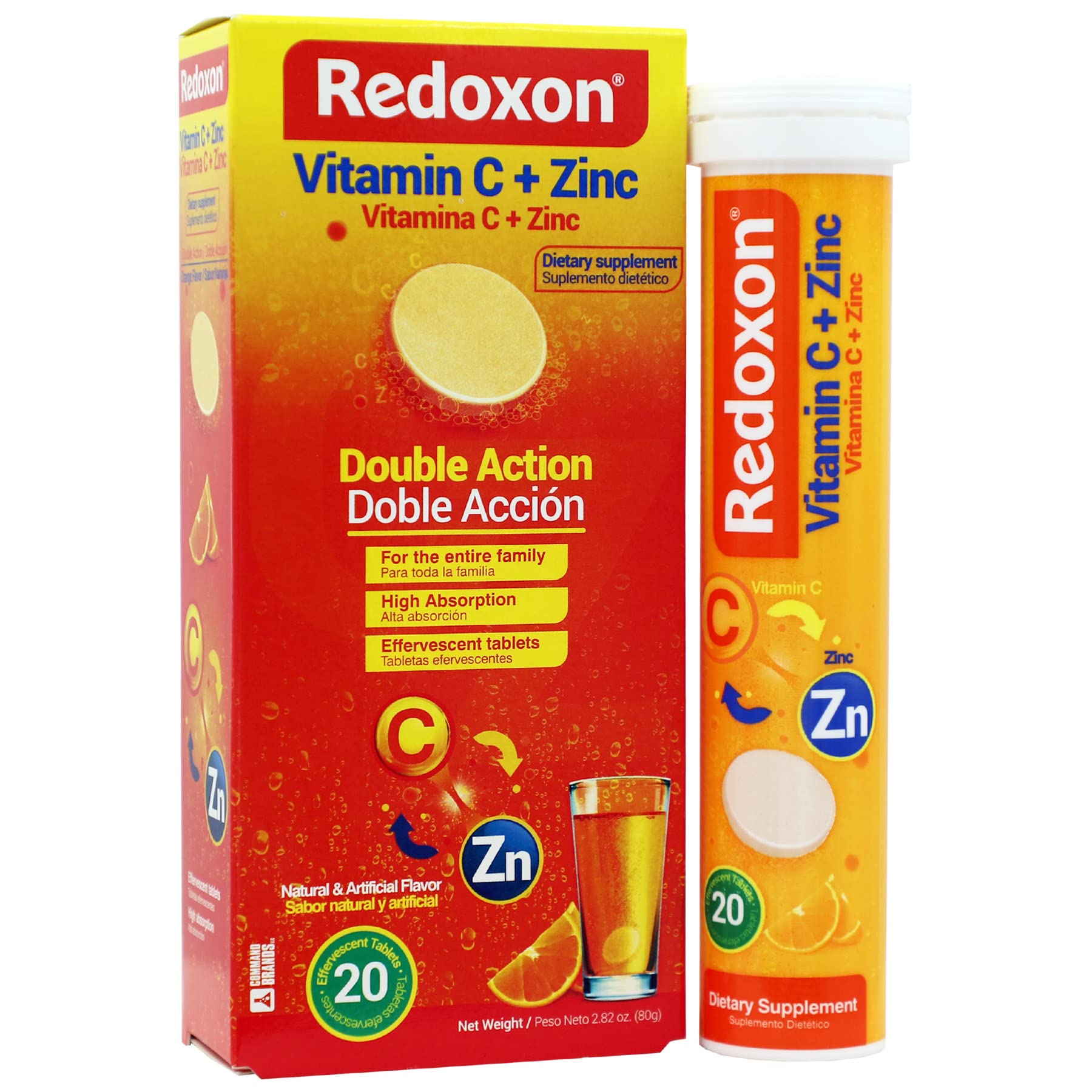 Redoxon Vitamin C + Zinc, Effervescent Tablets of Vitamin C and Zinc, Helps Support Your Immune System, Orange Flavor, 20 Effervescent Tablets, 2.82 Oz, Box