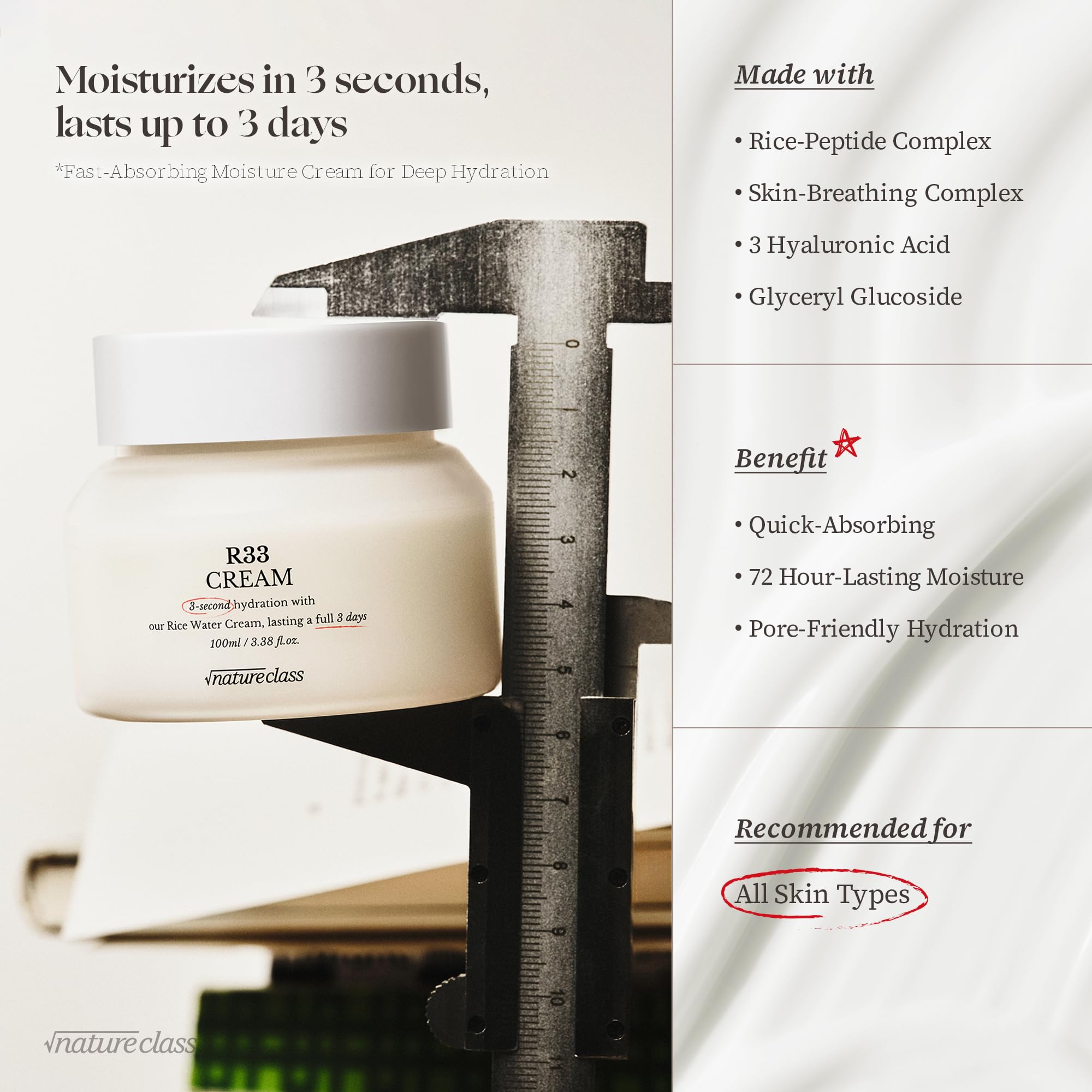 NATURECLASS] R33 Moisturizing Facial Cream with Rice-Peptide & Skin-Breathing Complex – Fast Absorbing Hydration, 72-Hour Lasting Moisture, Non-Comedogenic, Korean Skincare 3.38 fl.oz.