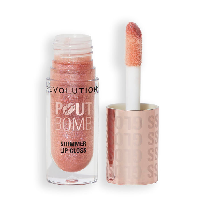 Revolution, Pout Bomb Shimmer Gloss, High-Shine Lip Gloss & Shimmer for Glossy Lips with Hyaluronic Acid & Sweet Vanilla Scent, Glimmer Nude, 0.15 Oz