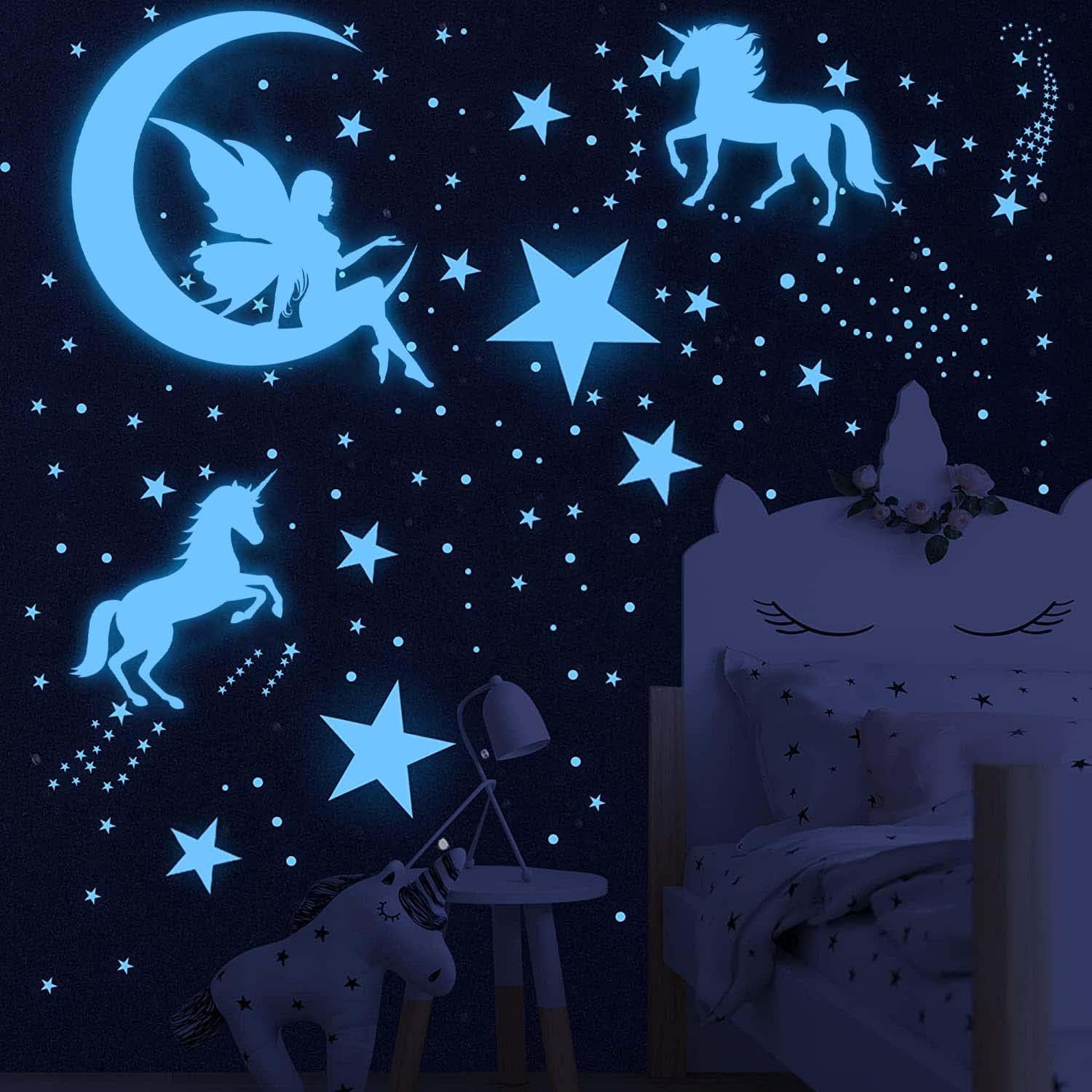 Glow in The Dark Stars for Ceiling,Unicorn Wall Decals Stickers Wall Decor for Girls Bedroom Luminous Glow Unicorn Stars Planet Ceiling Stickers for Baby Boys Kids Playroom Living Room Nursery