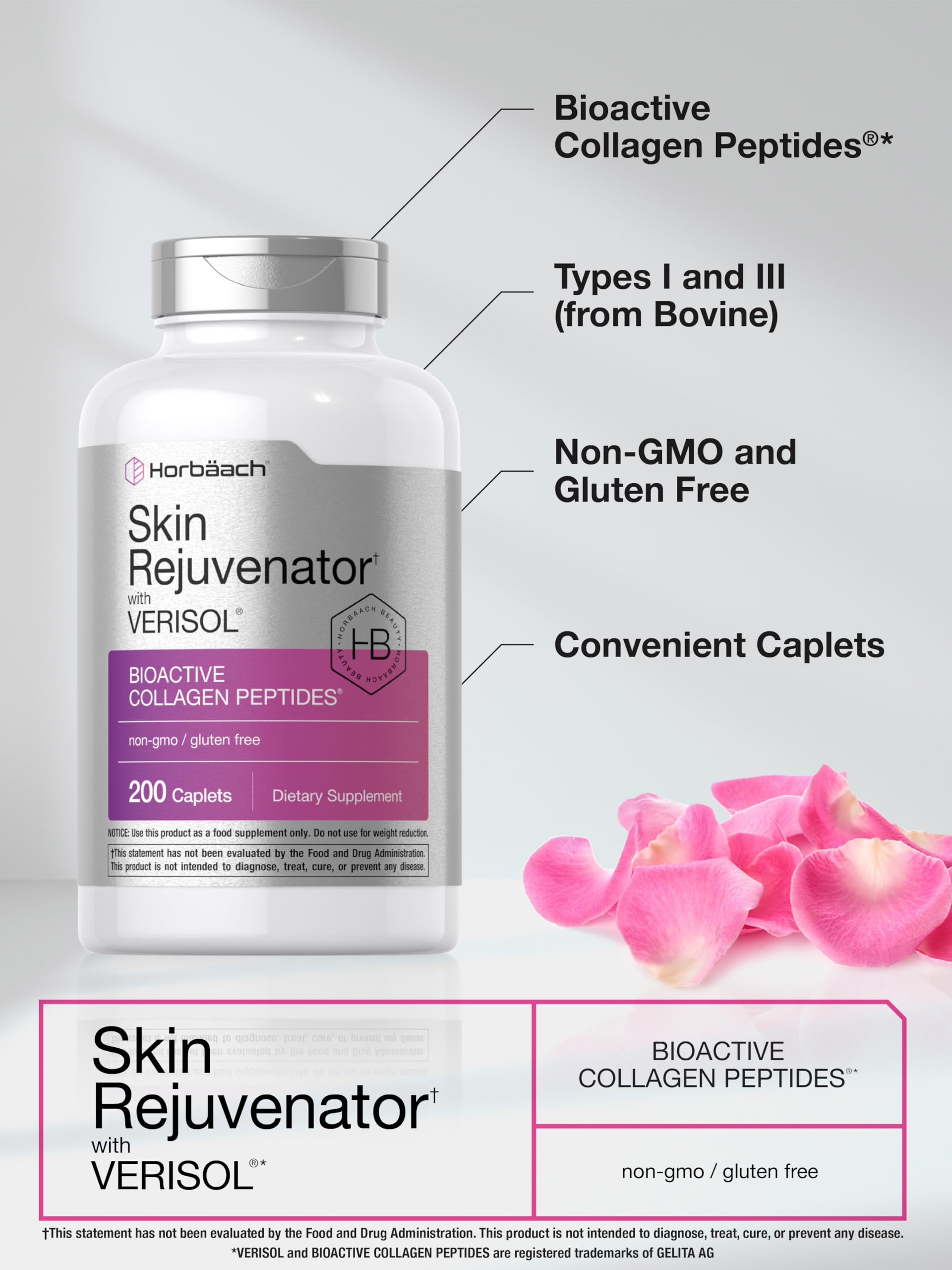 Horbäach Skin Rejuvenator with Verisol | Bioactive Collagen Peptides | 200 Caplets | Non-GMO, Gluten Free Supplement