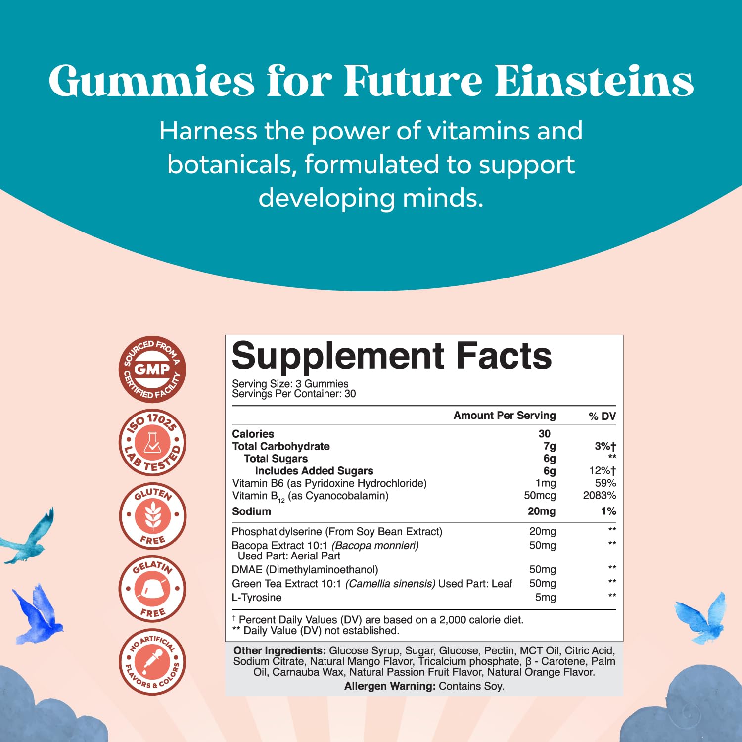 Kids Focus Gummies - Nootropics Brain Support Supplement for Kids with Green Tea Extract, B6 & B12 Vitamins for Memory and Brain Focus - Herbal Concentration Chews for Children - 90 Count