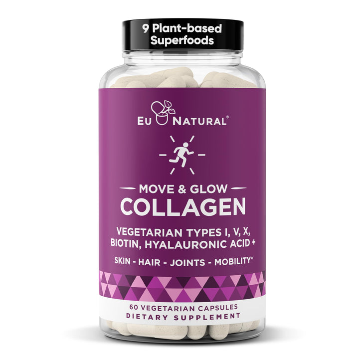 Move & Glow Collagen Pills for Women & Men – Vegetarian Multi-Collagen (Type I-V-X) with 9 Plant-based Superfoods for Skin Health & Joint Support – Biotin, Vitamin C, Vitamin E, 60 Vegetarian Capsules