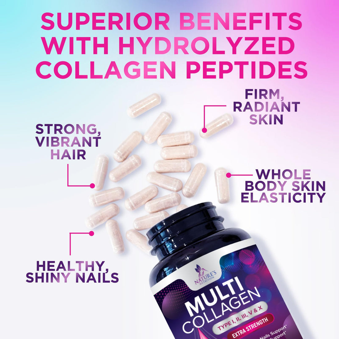 Collagen Peptides for Women & Men - Type I, II, III, V, X Multi Collagen Pills, Hydrolyzed Collagen Peptides Supplements, Nature's Hair, Skin, Nail, and Joint Support Supplement, Non-GMO, 60 Capsules