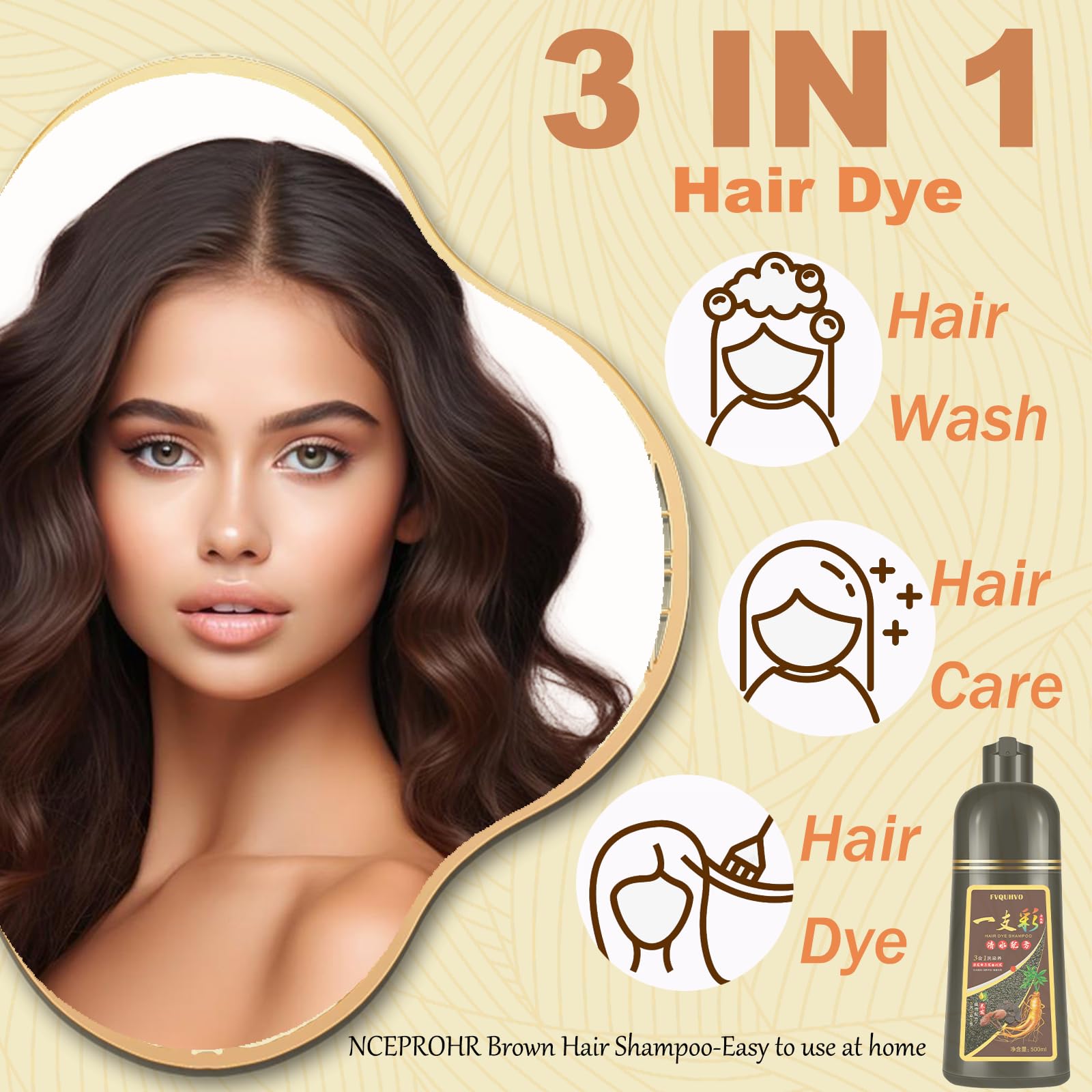 Herbal Instant 3-in-1 Long-Lasting Brown Hair Color Shampoo for Gray Hair Cover for Women & Men - 16.90 Fl OZ (Dark Brown)