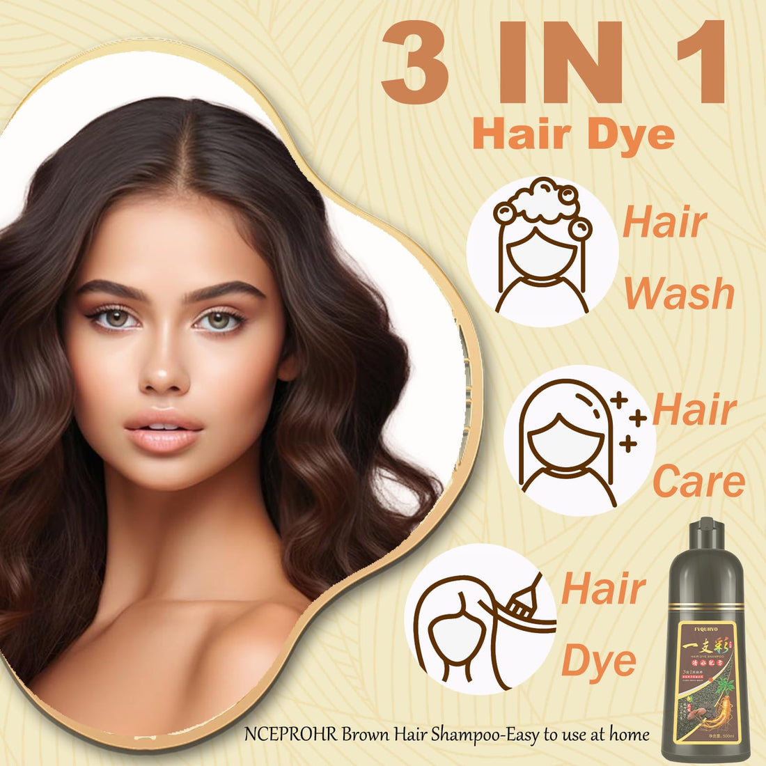 Herbal Instant 3-in-1 Long-Lasting Brown Hair Color Shampoo for Gray Hair Cover for Women & Men - 16.90 Fl OZ (Dark Brown)