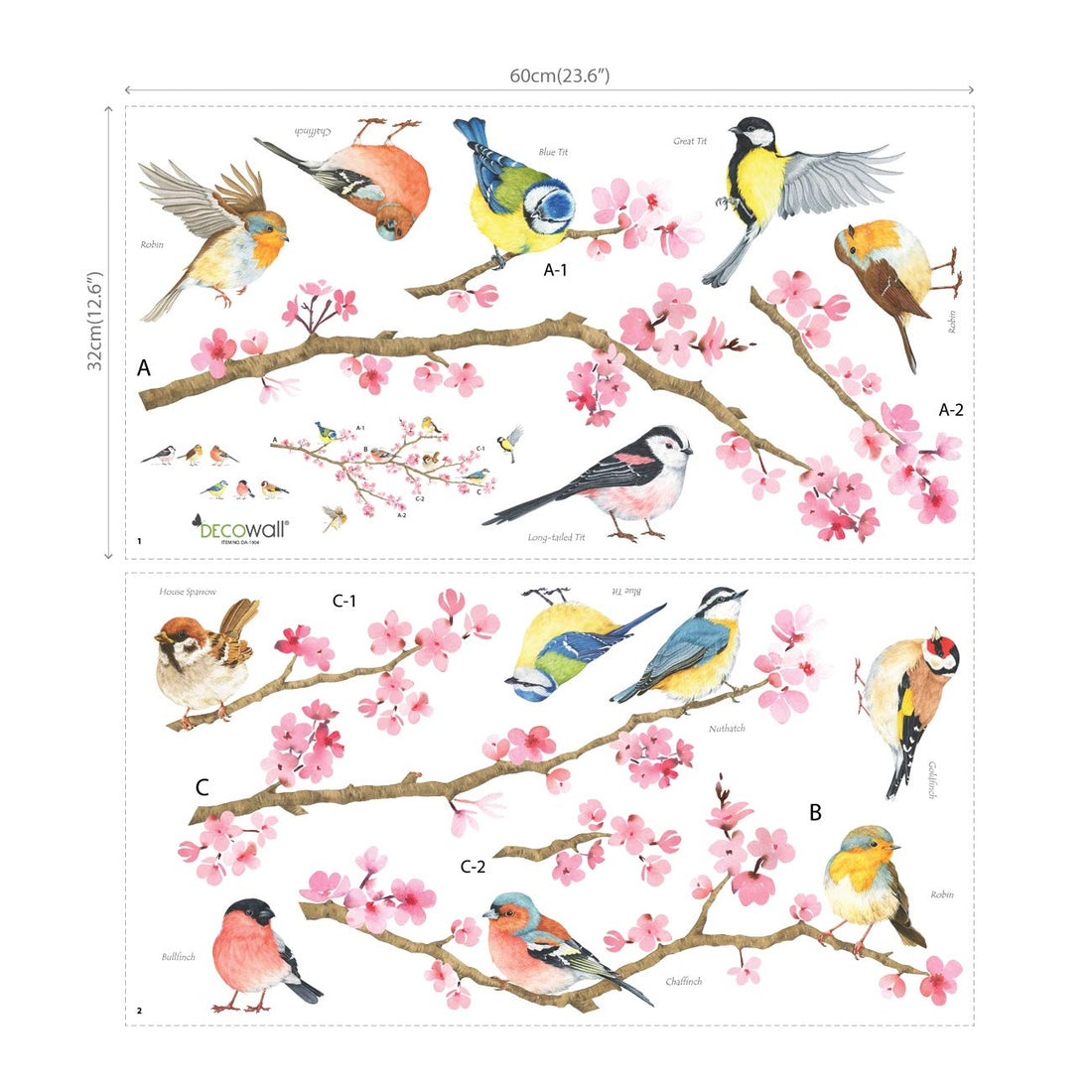 DECOWALL DWL-1904 Cherry Blossom Garden Birds Kids Wall Stickers Wall Decals Peel and Stick Removable Wall Stickers for Kids Nursery Bedroom Living Room dcor