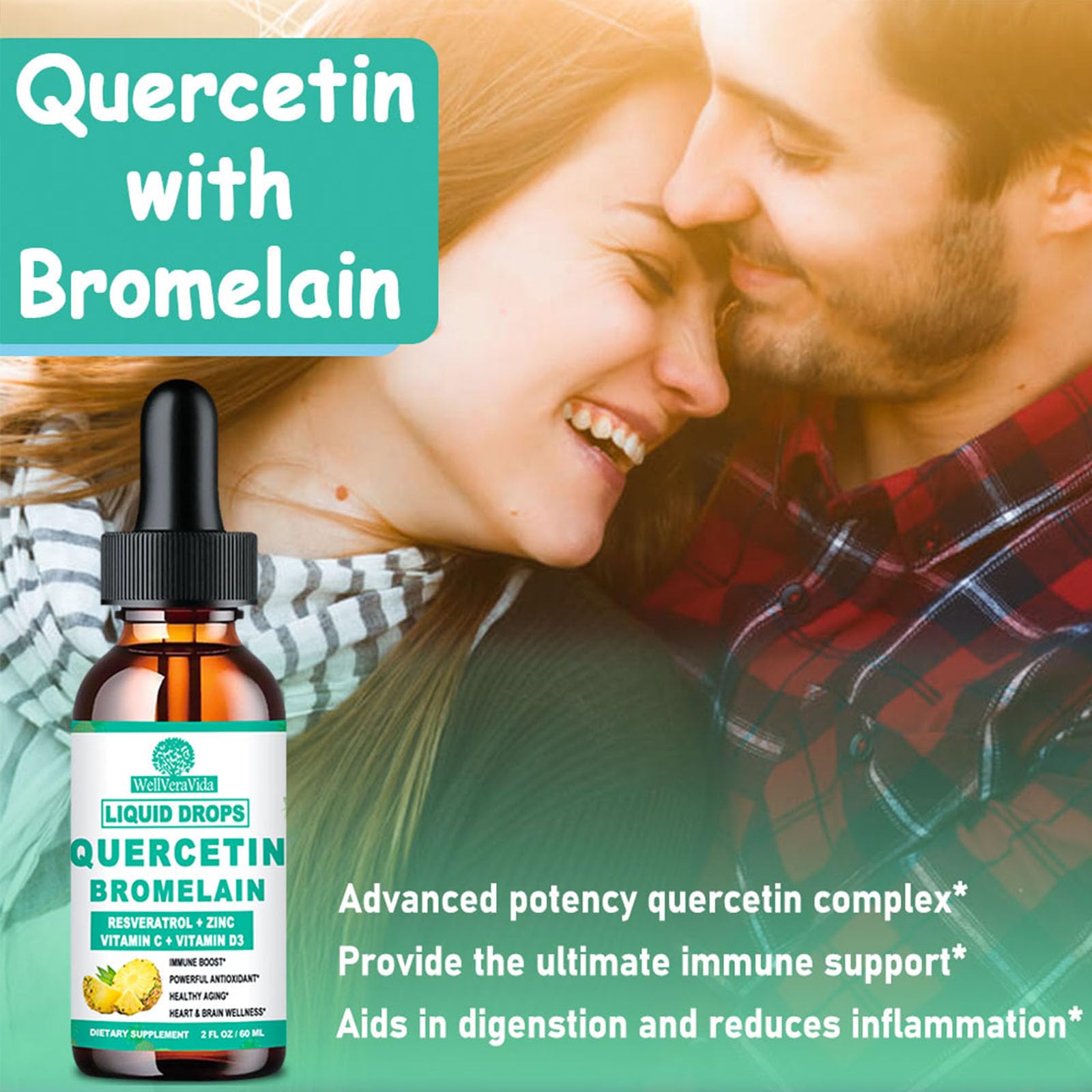 Quercetin with Bromelain Liquid Drops, 4X Stronger Than Capsules & Pills, 7-in-1 Organic Zinc Quercetin 1000mg with Bromelain 500mg Vitamin C D3 Immune Support for Respiratory Health & Antioxidant