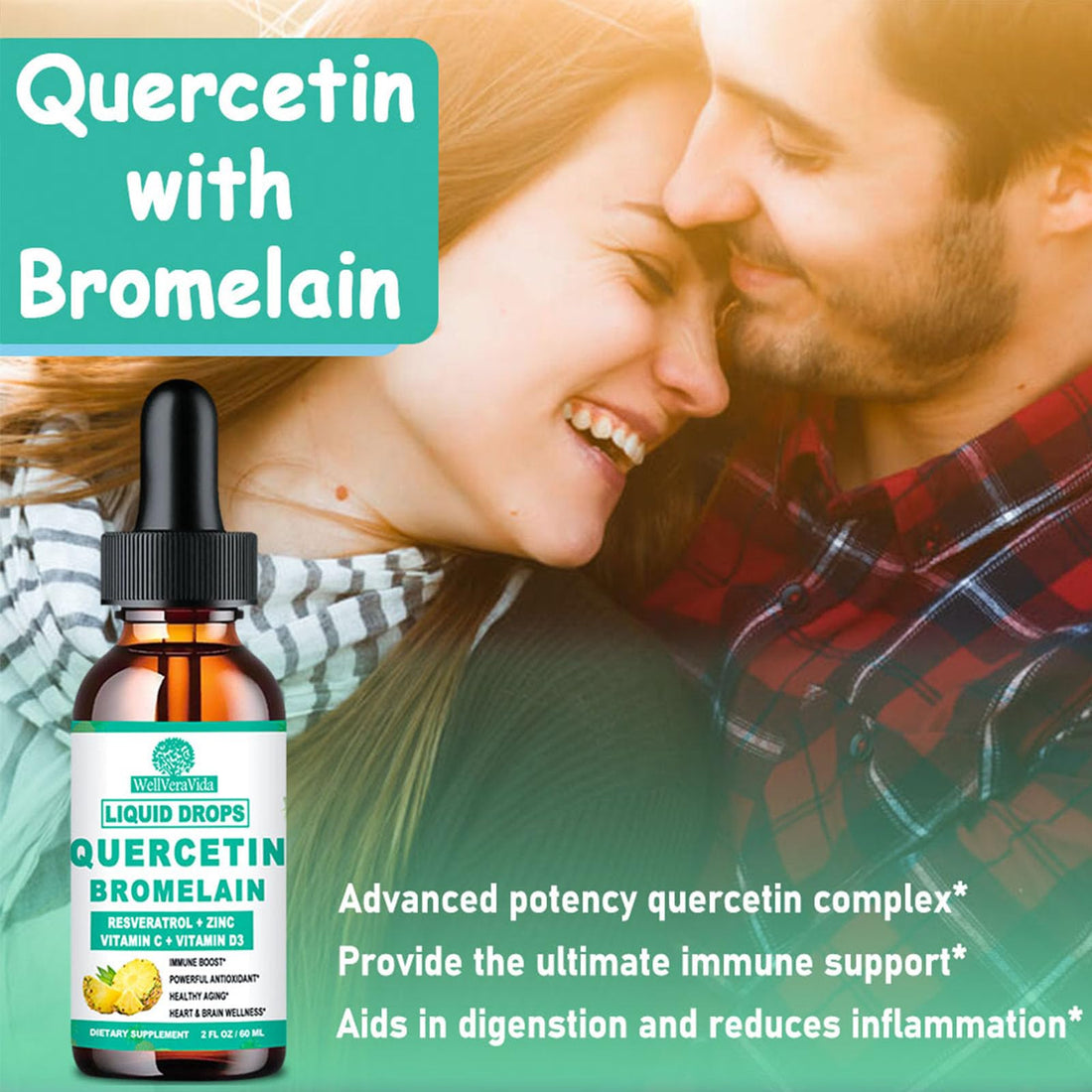 Quercetin with Bromelain Liquid Drops, 4X Stronger Than Capsules & Pills, 7-in-1 Organic Zinc Quercetin 1000mg with Bromelain 500mg Vitamin C D3 Immune Support for Respiratory Health & Antioxidant