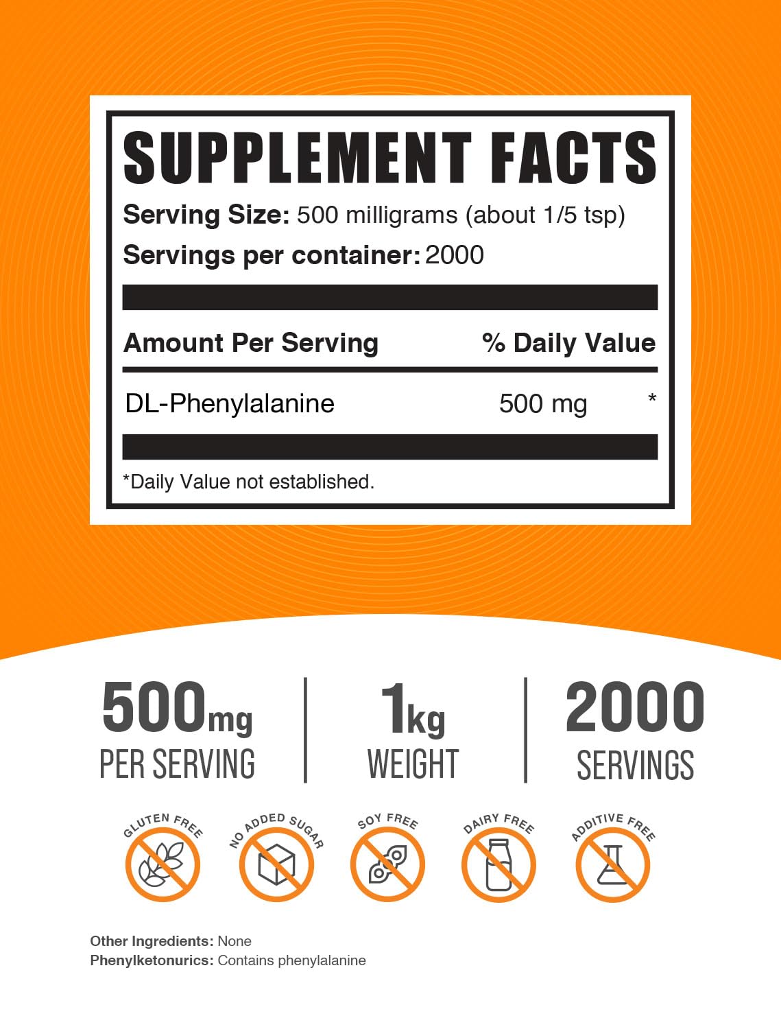BulkSupplements.com DL-Phenylalanine Powder - DLPA Powder, DL-Phenylalanine 500mg - DLPA Supplements, Amino Acid - Gluten Free, 500mg per Serving, 1kg (2.2 lbs) (Pack of 1)