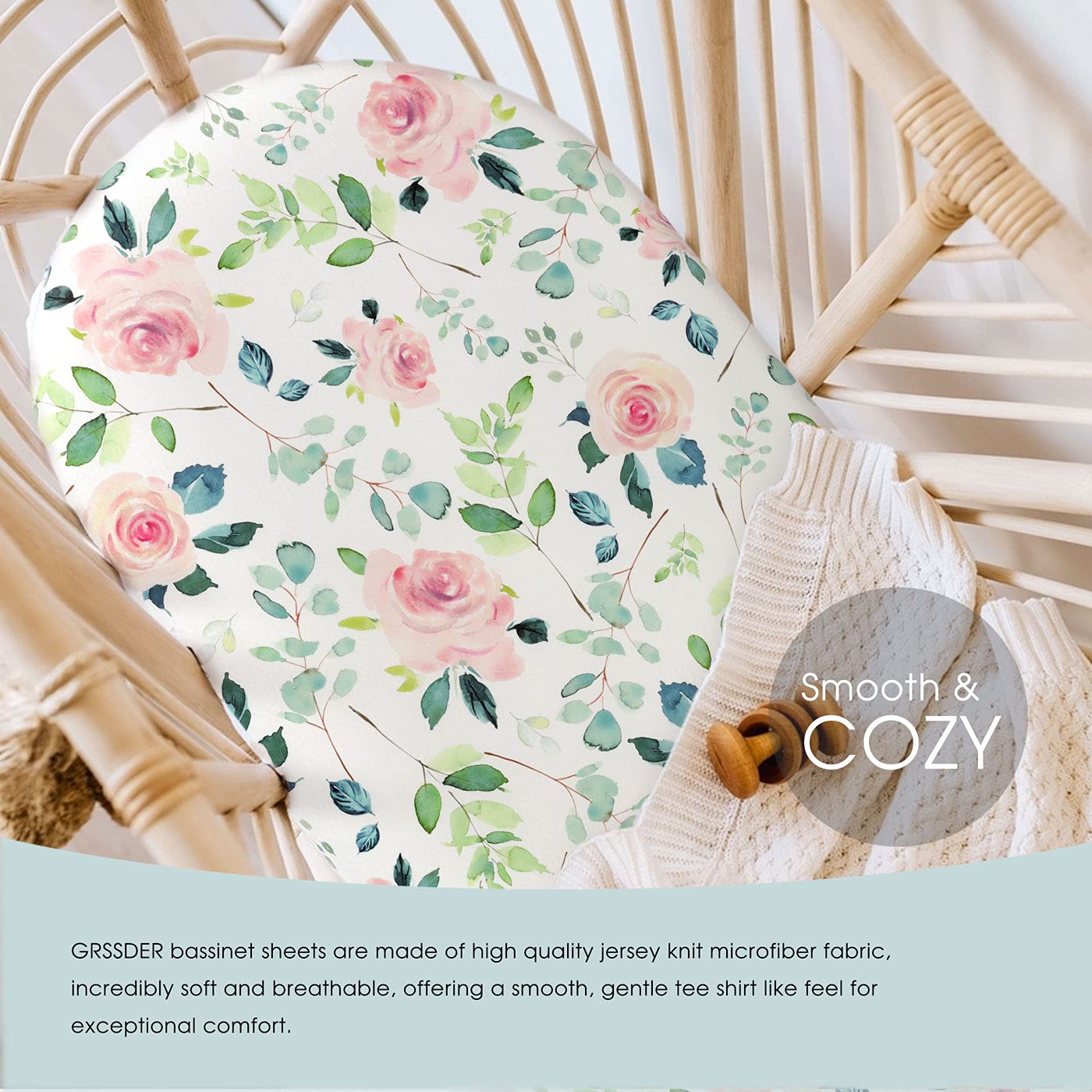 GRSSDER Stretchy Ultra Soft Baby Fitted Bassinet Sheet Set 2 Pack, Universal Cradle for Rectangle, Oval, or Hourglass Pad/Mattress, Pink Rose Sheets Girls