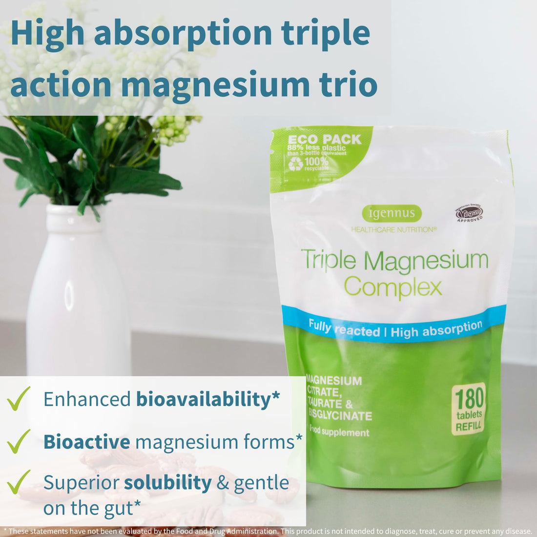 Igennus Advanced Triple Magnesium Complex, Fully Reacted & Chelated Glycinate, Taurate & Citrate, Clean Label, High Bioavailability & Absorption, 180 Tablets, Vegan, Non-Buffered