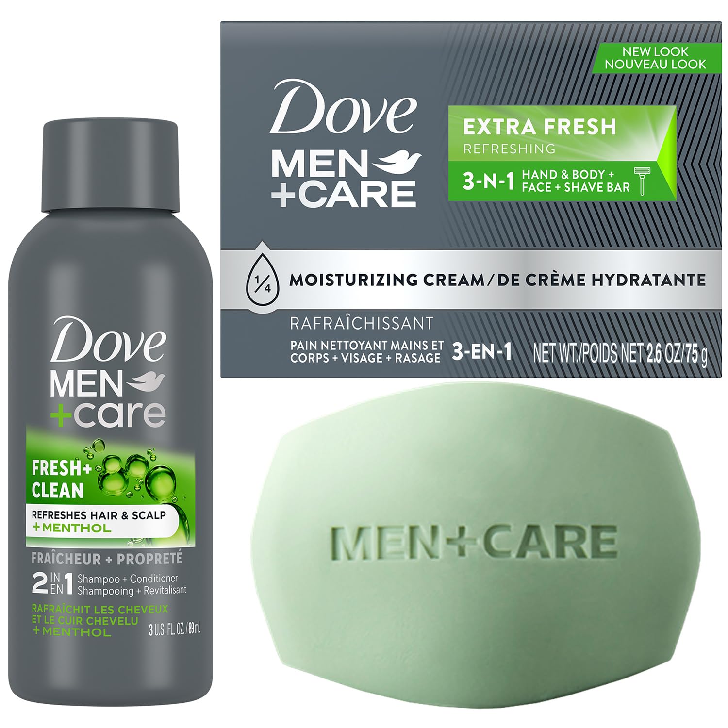 Dove Men+Care Bar Soap and Travel Shampoo Set –Extra Fresh 3-in-1 Cleansing Bar & Fresh + Clean 2-in-1 Shampoo and Conditioner (2 Piece Set)
