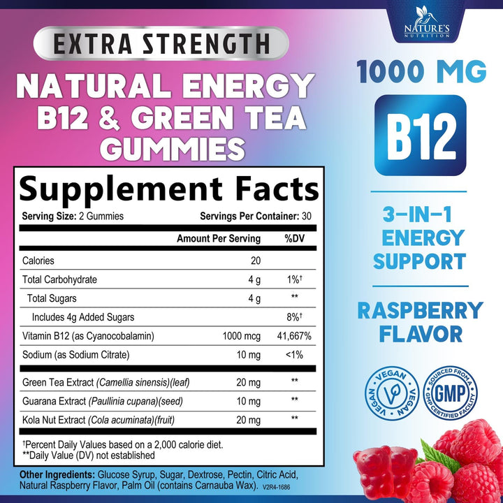 Energy Gummies Vitamin B12, Green Tea Natural Caffeine Support, Extra Strength 1000 mcg Daily Energy Vitamins, Delicious Berry Flavor Gluten Free Chewable Supplement for Cycling & Running - 60 Chews