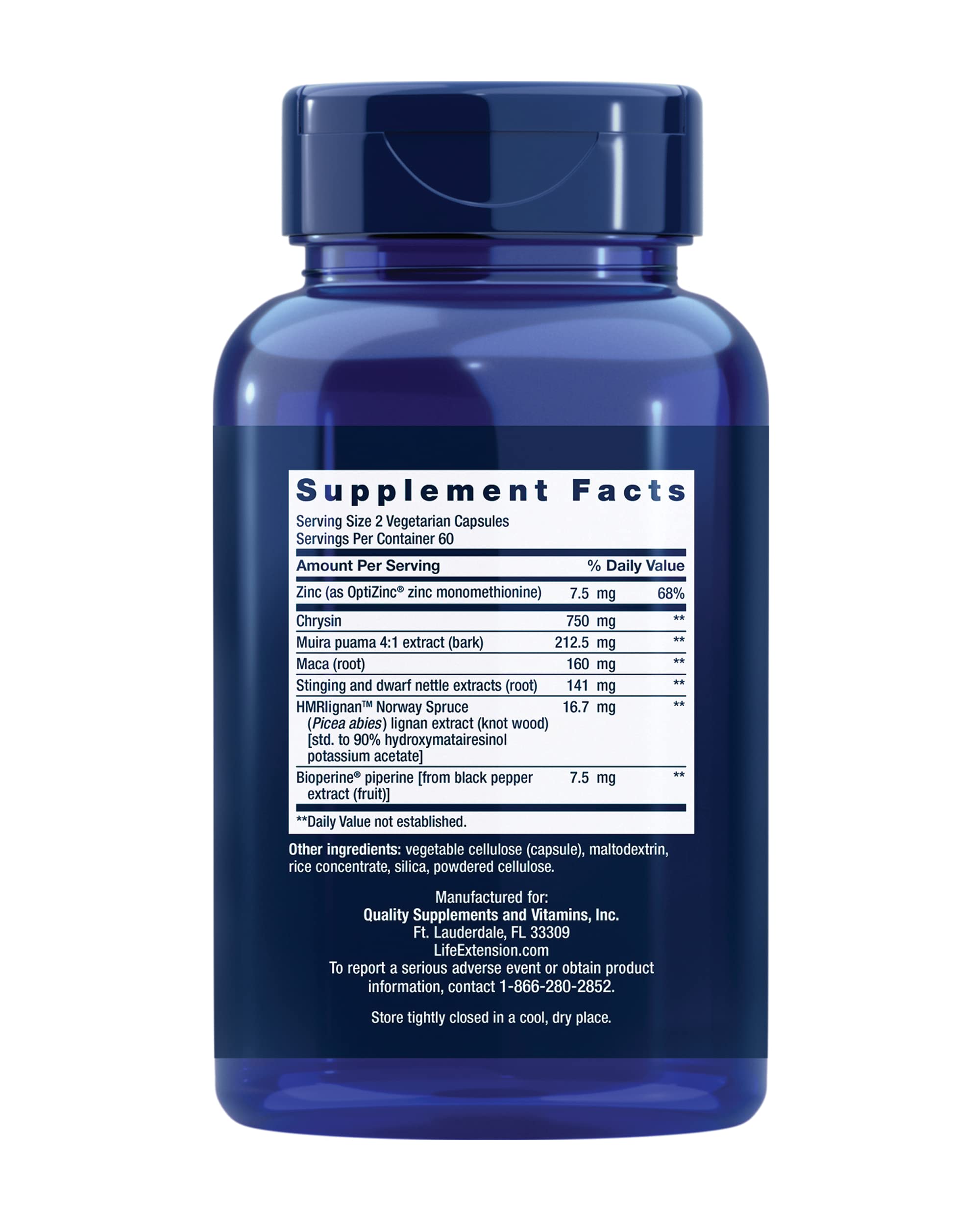 Life Extension Super Miraforte with Standardized Lignans, chrysin, Nettle Root, Muira puama, maca, zinc, Focused Formula for Testosterone Benefits, Vegetarian, Gluten-Free, Non-GMO, 120 Capsules