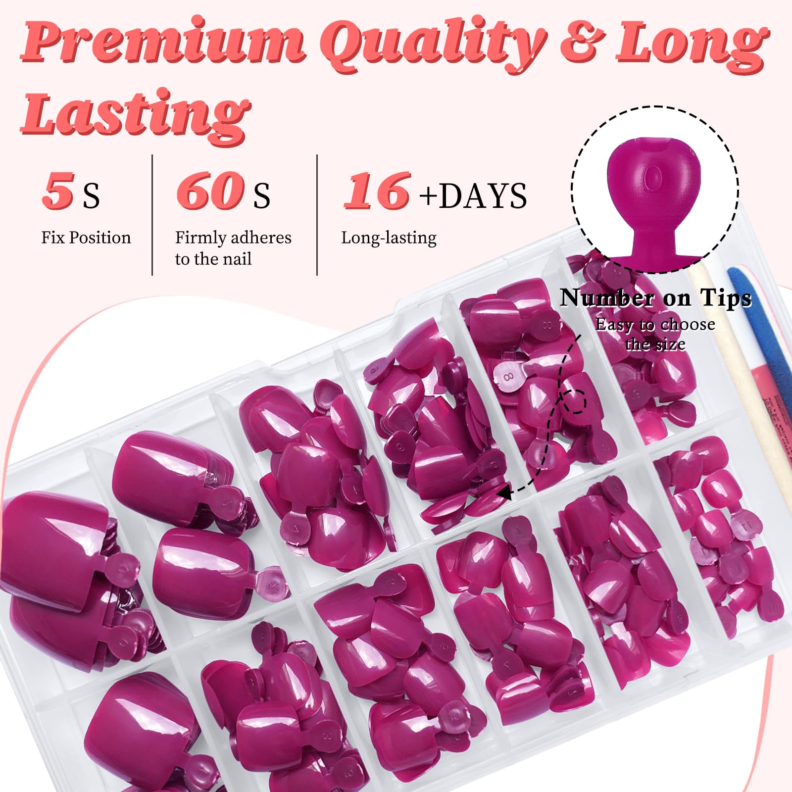 LuckForever 168pc Press on Toenails Women Fake Toe Nails with Adhesive Tabs, Magenta Fake Toenails Press on Nails Toe Acrylic Nail Tips Short Square False Toenail Artificial Toe Nails Press ons