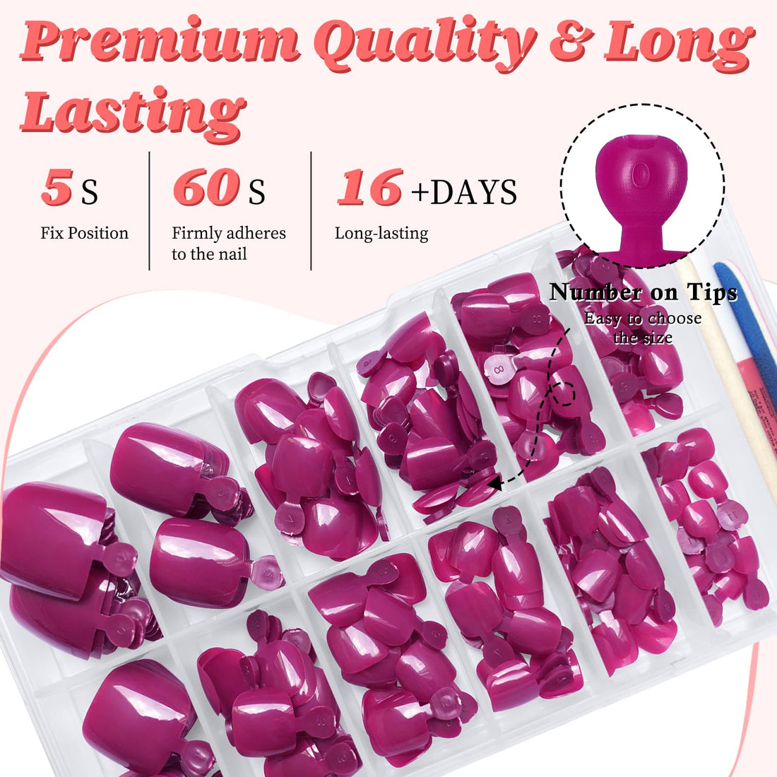 LuckForever 168pc Press on Toenails Women Fake Toe Nails with Adhesive Tabs, Magenta Fake Toenails Press on Nails Toe Acrylic Nail Tips Short Square False Toenail Artificial Toe Nails Press ons