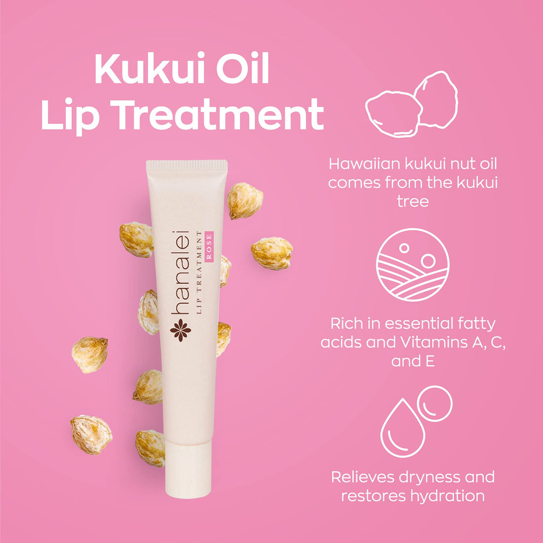 Lip Treatment (Rose) by Hanalei, Made with Kukui Oil, Shea Butter, Agave, and Grapeseed Oil Soothe Dry Lips, 15g (Cruelty free, Paraben Free) MADE IN USA