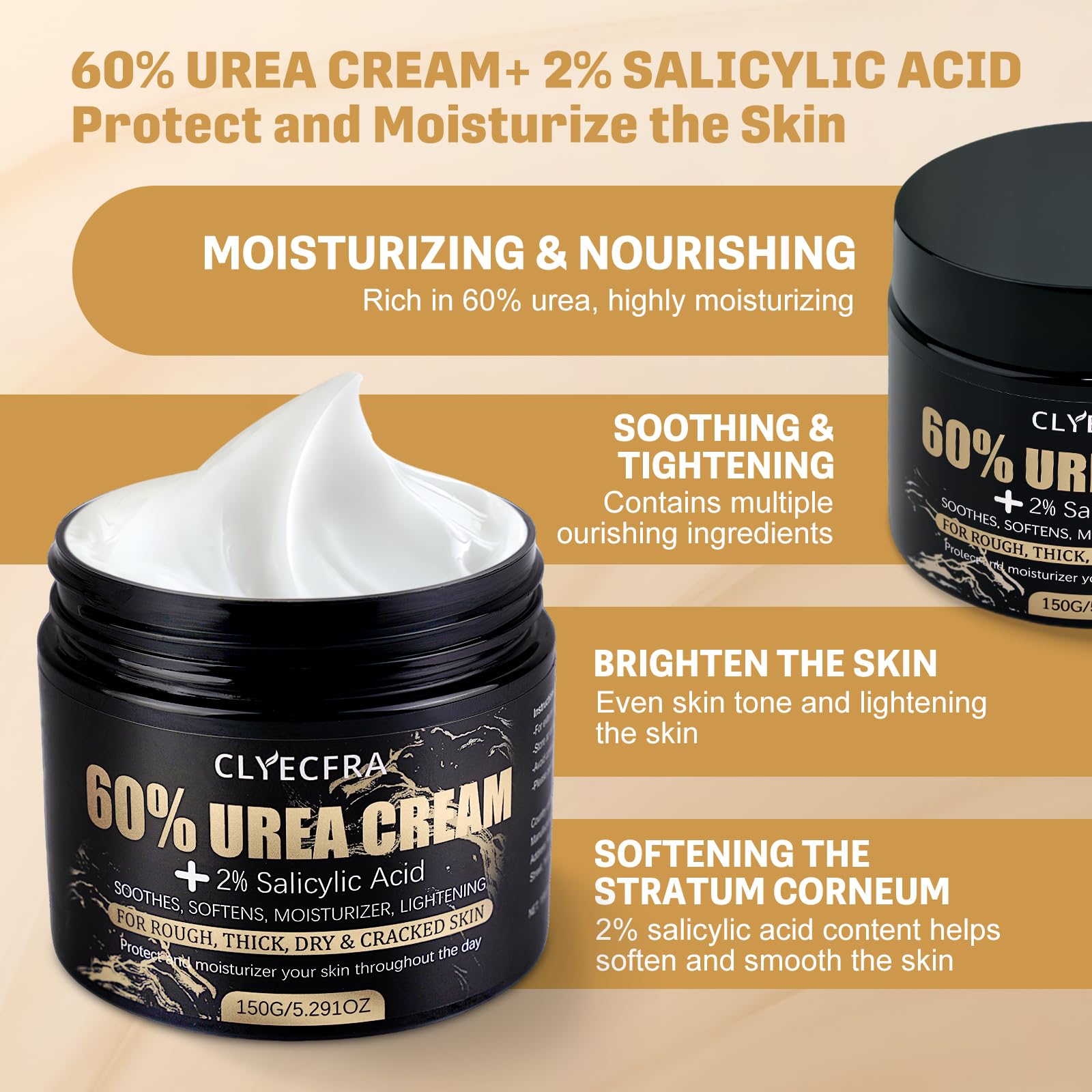 Clyecfra 60% Urea Cream with 2% Salicylic Acid, Urea Cream 60 Percent for Feet & Hands- Maximum Strength Moisturizer for Rough, Dry, Thick & Cracked Skin, Callus Remover, Deep Hydration, 150g
