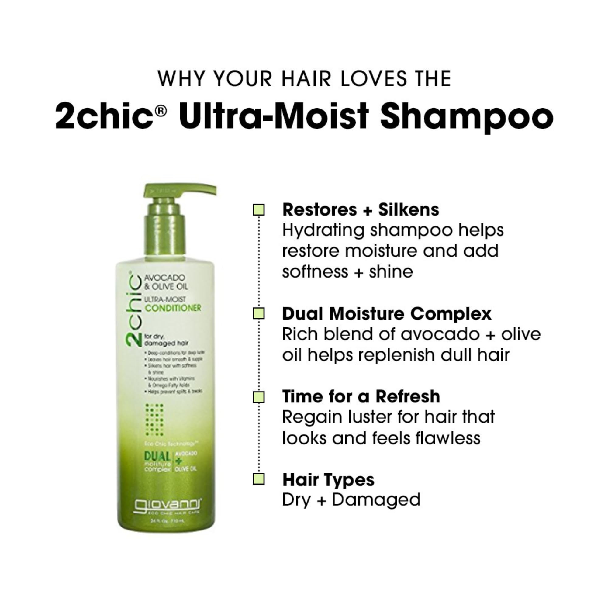 Giovanni 2Chic Ultra-Moist Avocado & Olive Oil Shampoo and Conditioner Set - Moisture & Natural Growth for Men & Women with Moisturizing Aloe Vera, Sulfate Free - 24 Fl Oz (Set of 2)