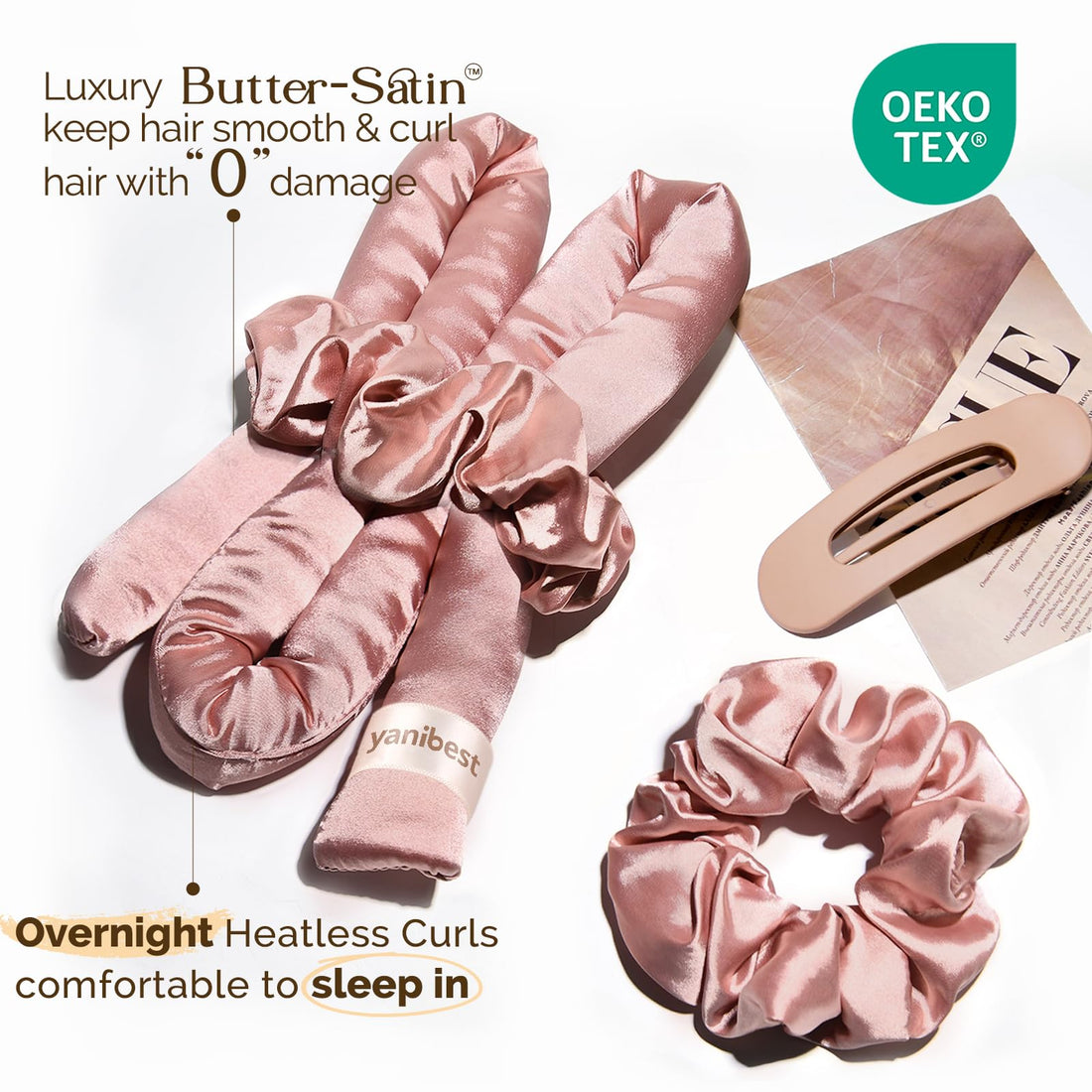 Yanibest Super Soft Satin Heatless Curler Set, Overnight Hair Curler to Sleep in, No Heat Curling Rods, with Satin Scrunchies and Clip