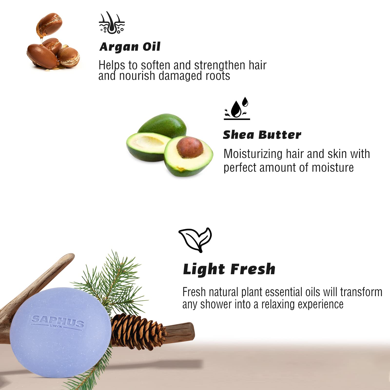 SAPHUS 3-in-1 Shampoo Bar for Hair, Body, Face & Beard | All-in-One Moisturizing & Cleansing Bar for Men, Women, Kids | pH Balanced, Sulfate-Free, Travel Friendly, 1 Pack