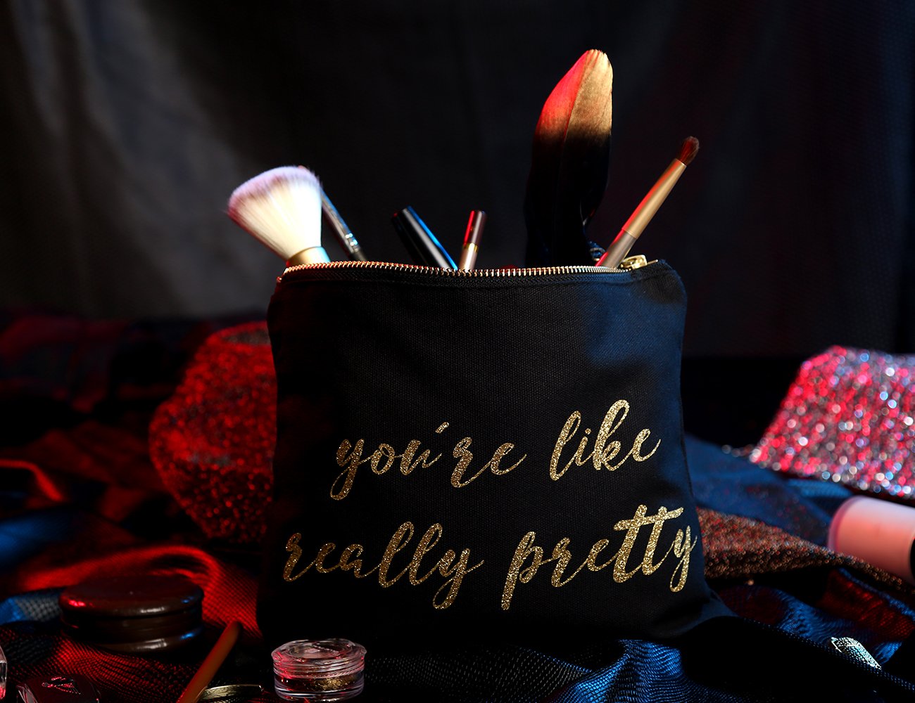 SHERWAY Vintage Wedding Makeup Bag, Black Gold Cosmetic Bag, Canvas Makeup Bag Cosmetic Pouch, Bride Bridesmaid Makeup Bag Gift for Wedding Bridal Shower Party, Makeup Party Graduation Party Gift