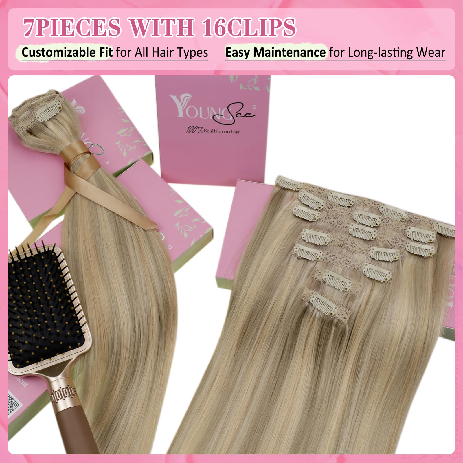 Youngsee 16inch Dip Dyed Clip in Hair Extensions Human Hair 7pcs/120gram Piano Color Dark Ash Blonde Highlight with Golden Blonde Full Head Clip in Remy Human Hair Extensions