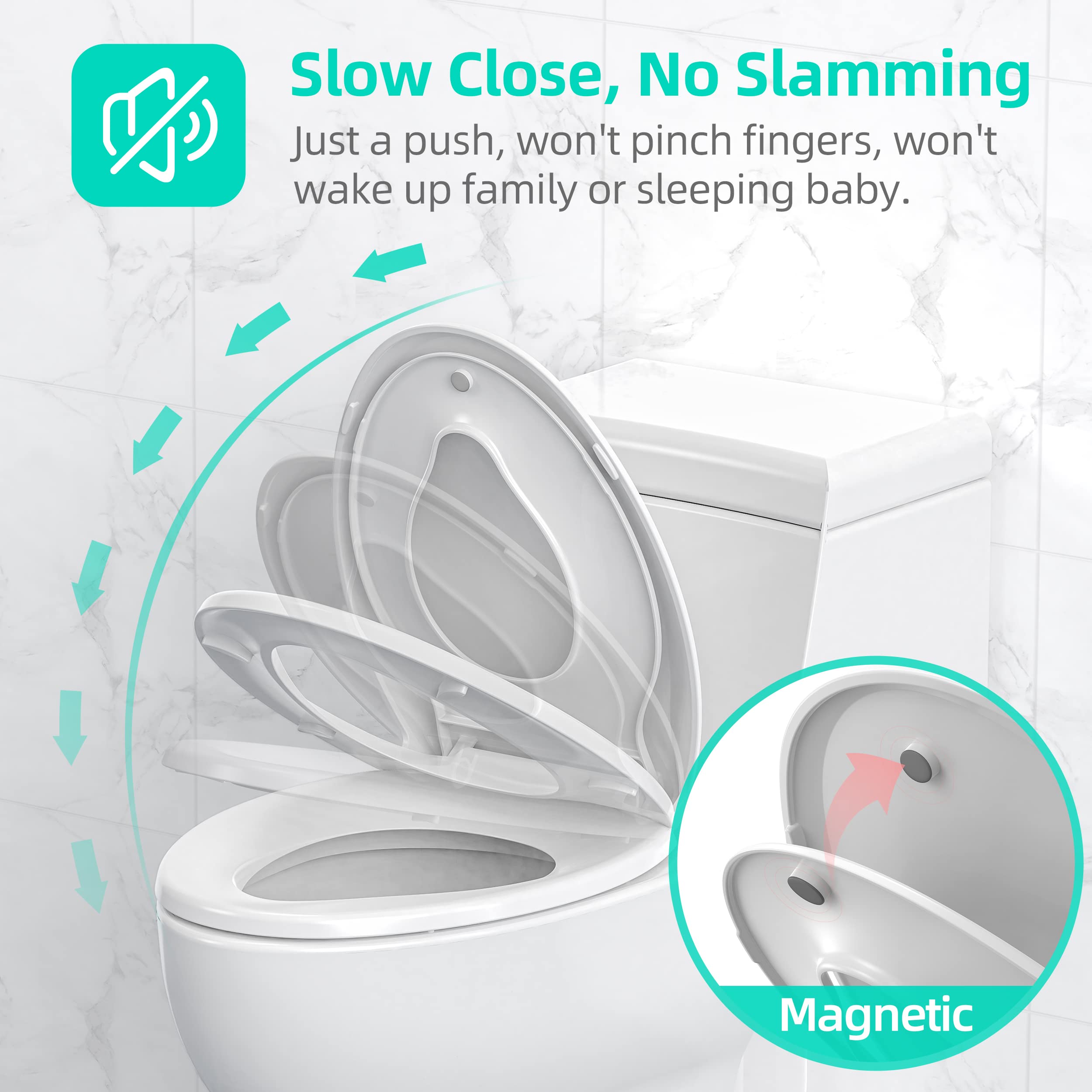 Elongated Toilet Seat with Built-in Potty Training Seat for Toddlers& Adults, Slow Close, Never Loosen, Heavy Duty, Ergonomic, Space Saving Toddler Toilet Seat(Elongated 18.5, Oval)