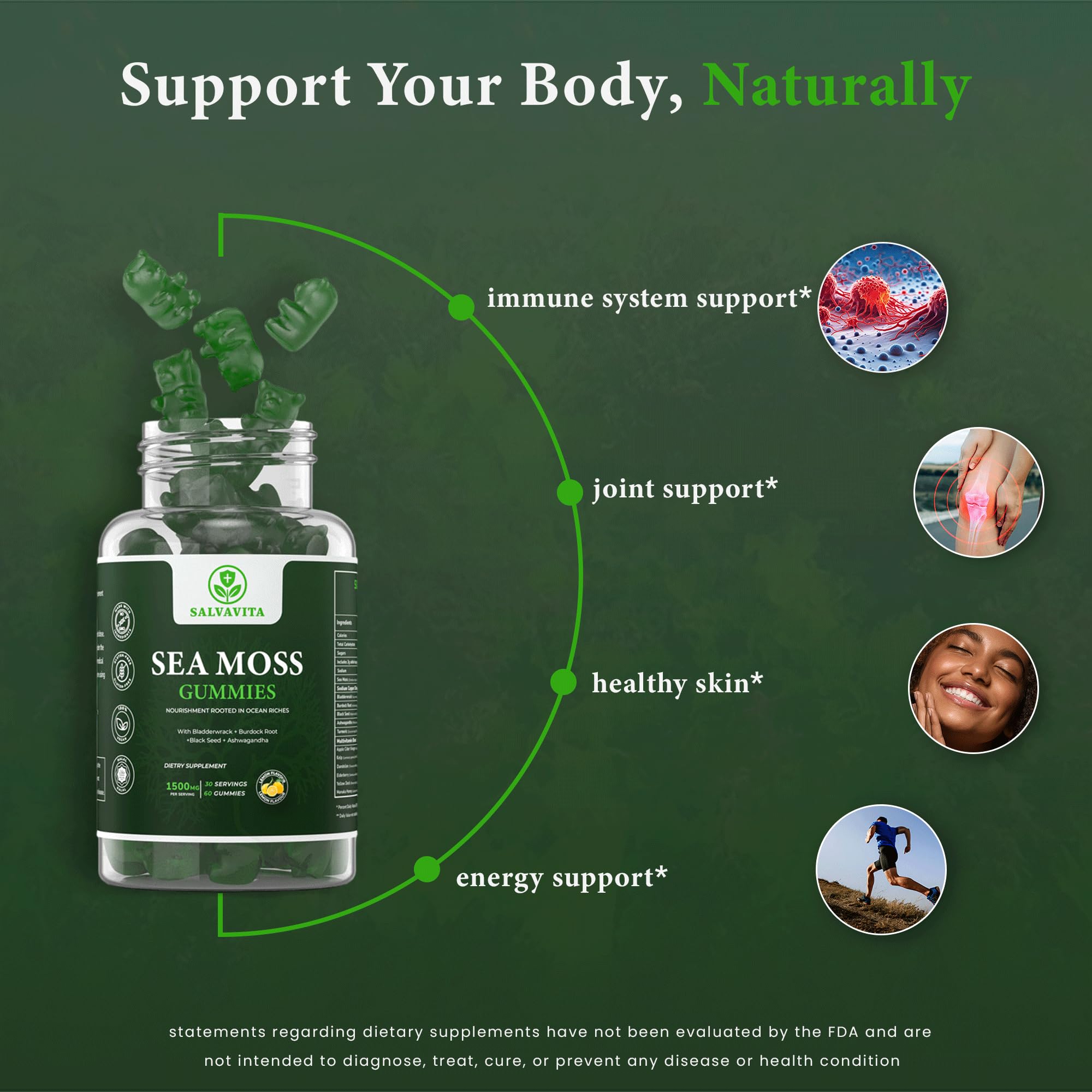 SALVAVITA Sea Moss Gummies – Powerful 1500mg Serving | Infused with Bladderwrack, Burdock Root, Black Seed & Ashwagandha | Organic Sea Moss | Lemon Flavor - 60 Gummies