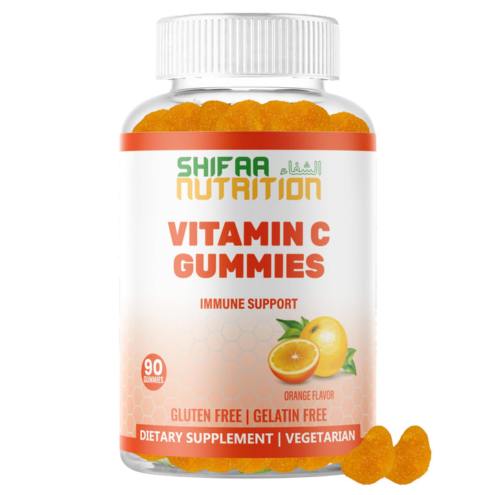 SHIFAA NUTRITION Vegan Vitamin C Gummies | 90 Gummies, 250mg 45 Servings | Non-GMO | Gluten-Free, Gelatin-Free | Immune Support Gummies & Seasonal Support for Kids & Adults Halal Vitamins