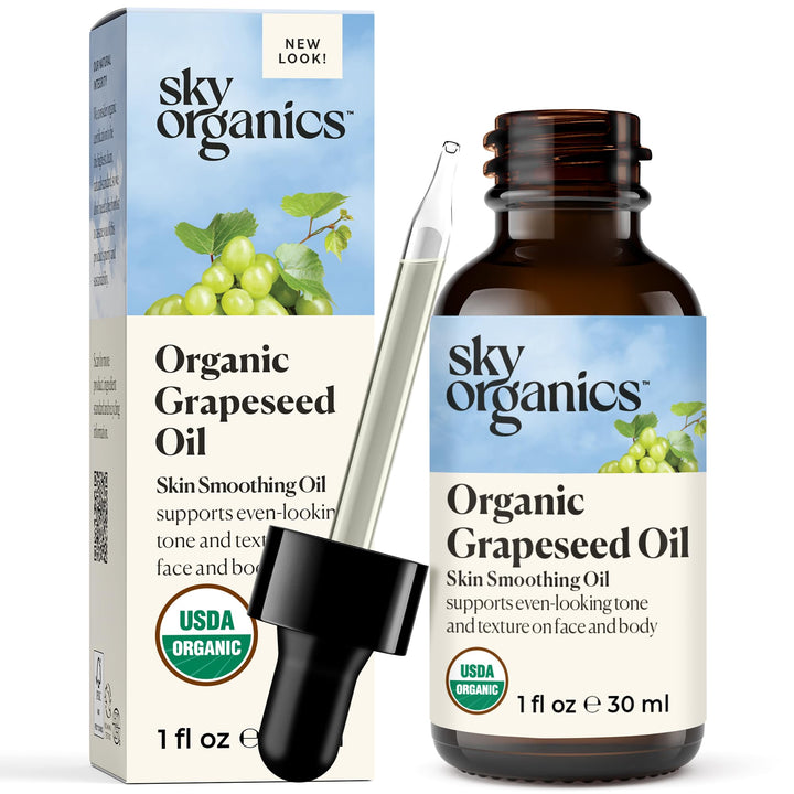 Sky Organics Organic Grapeseed Oil, Skin Smoothing Oil To Support Healthy and Even-Looking Skin Tone and on Face and Body, Suitable for All Skin Types, 100% Pure & Cold-Pressed 1 Fl Oz