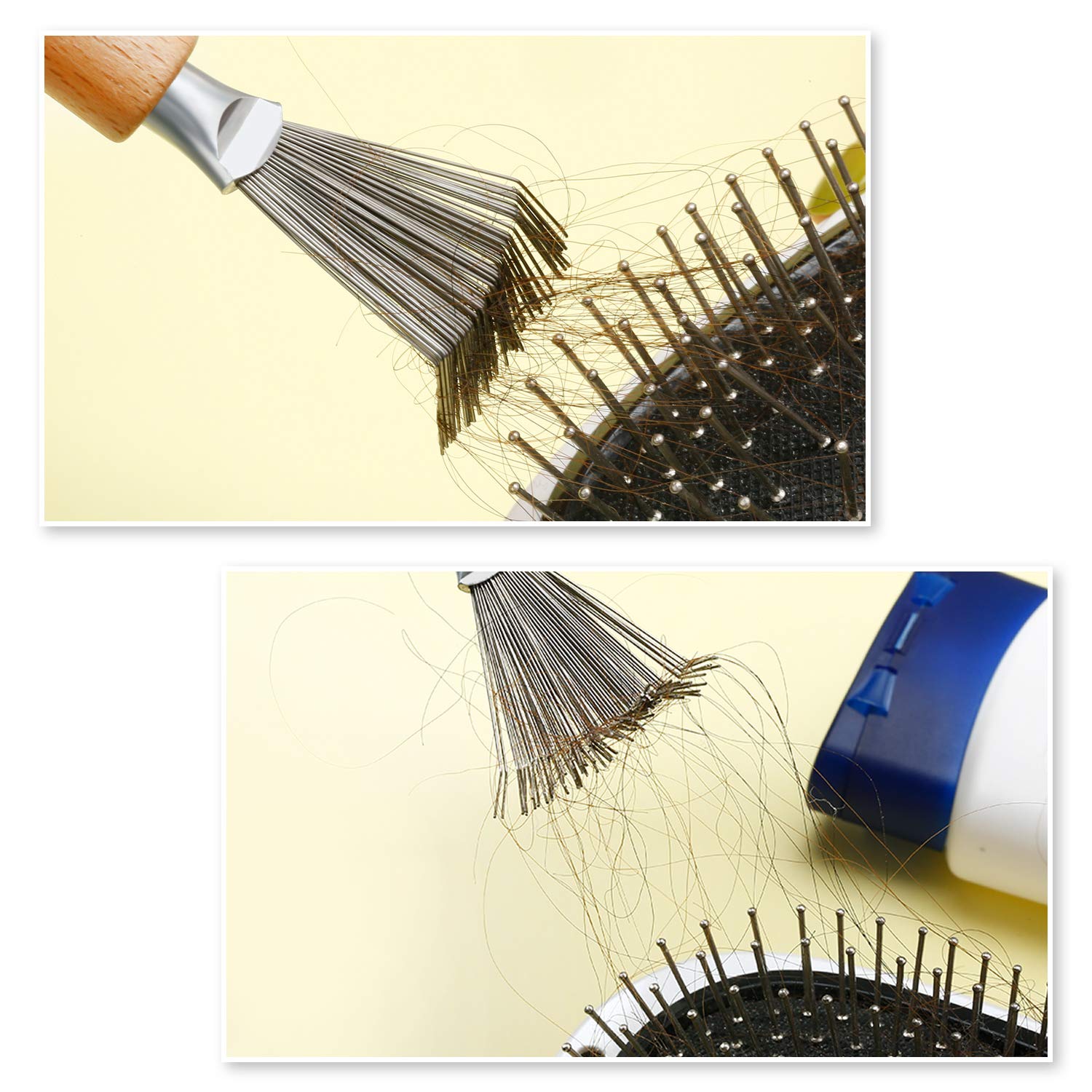 2 Packs Hair Brush Cleaner Cleaning Tool Comb Cleaner Hair Brush Cleaner Comb Brushes Mini Hair Dirt Remover Brush with Metal Wire Rake Wooden Handle for Home and Salon Use(Handle with Groove)