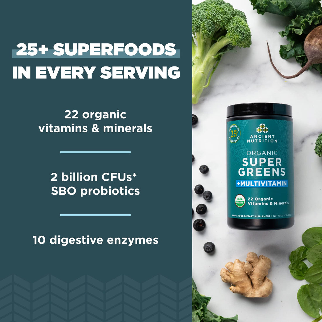 Ancient Nutrition Organic SuperGreens and Multivitamin Powder with Probiotics, Made from Real Fruits, Vegetables and Herbs, for Digestive, Detoxification and Energy Support, 25 Servings