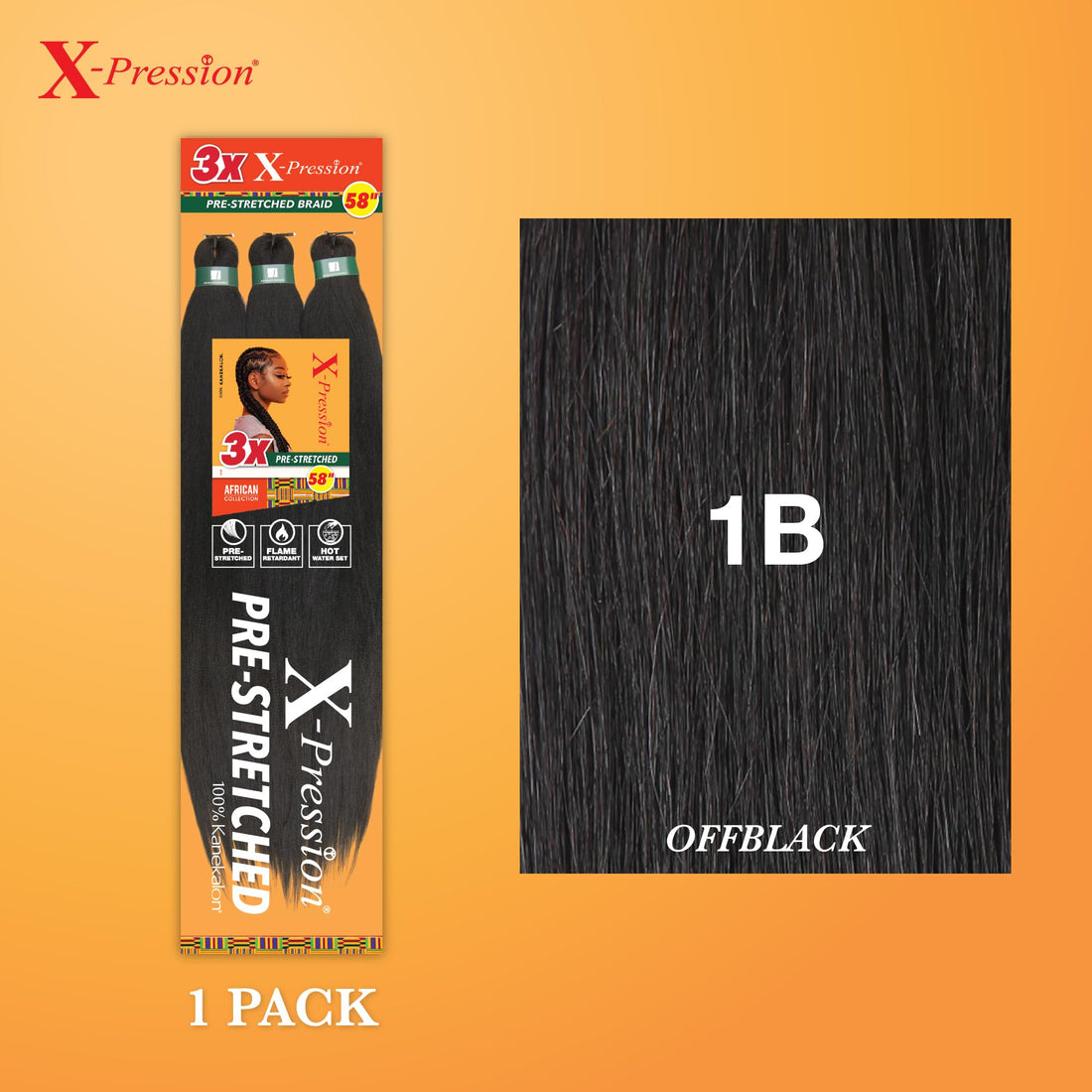 Sensationnel X-pression prestretched braiding hair - 3x braid 58 inch all kanekalon flame retardant synthetic braid for box braids and twists (1 pack, 1B OFFBLACK)