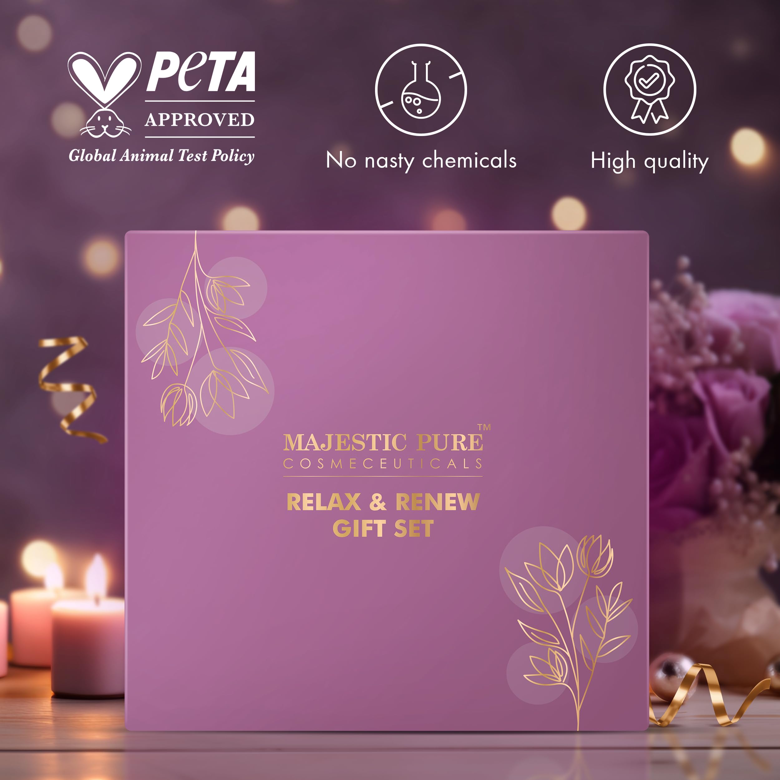 Majestic Pure Gift Set set of 5- (Brazilian Orange oil 1oz, Scented Candle - 50g, Gardenia Hand Cream - 20g, Himalayan Salt Body Scrub - 160g, Gold Face Mask - 100g)